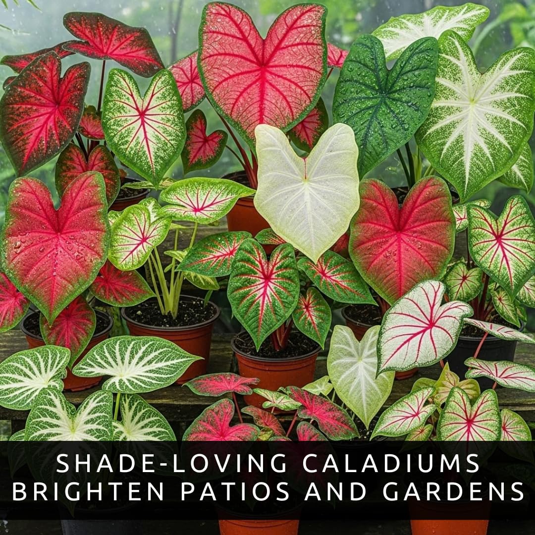 CZ Grain Caladium Bulbs in a garden bed displaying vibrant colors