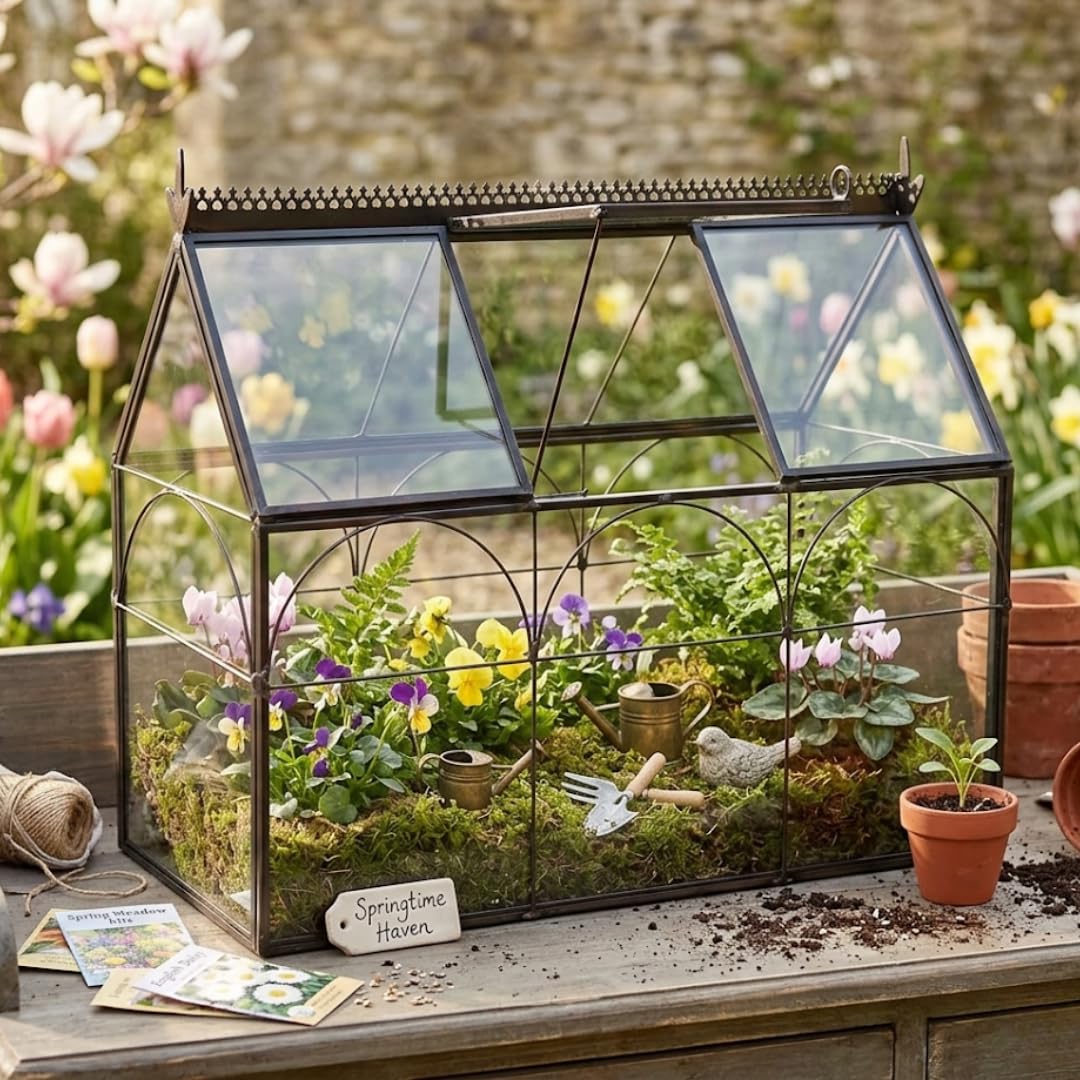 D'Eco Glass Greenhouse Terrarium in a cozy living room setting