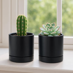 D'vine Dev 2-Pack Ceramic Pots with Saucers, Black, side view
