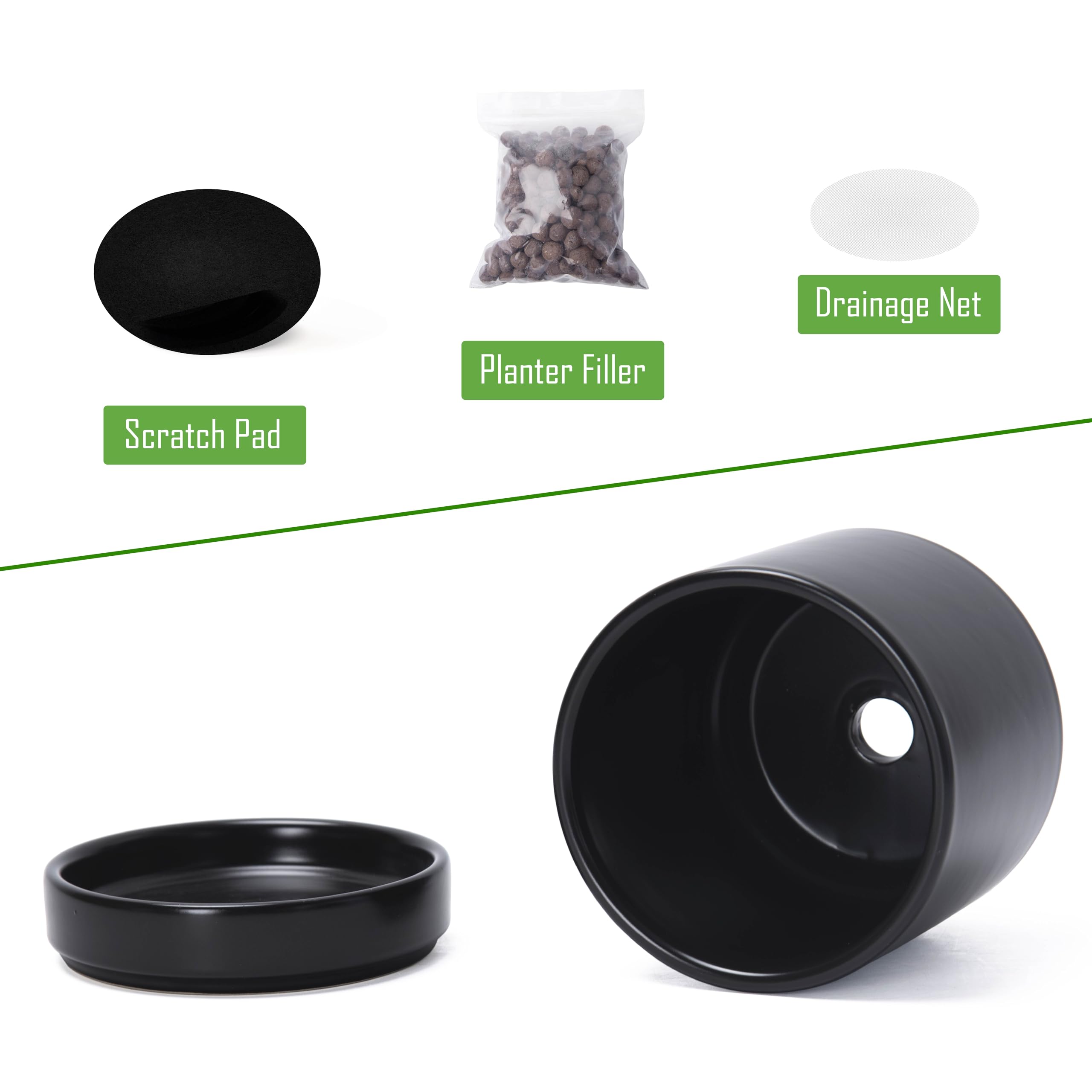 D'vine Dev 2-Pack Ceramic Pots with Saucers, Black, with saucers
