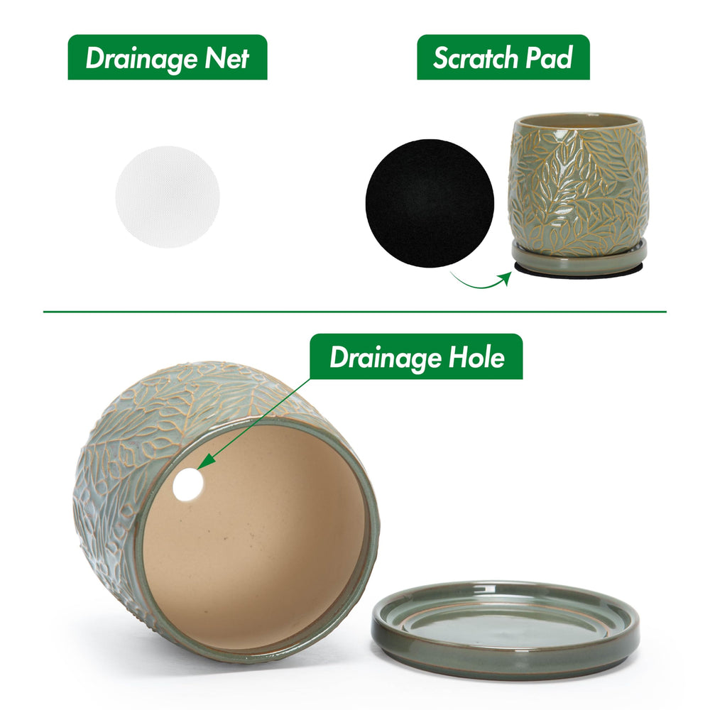 D'vine Dev 4 Inch Olive Ceramic Planter with mesh net accessory