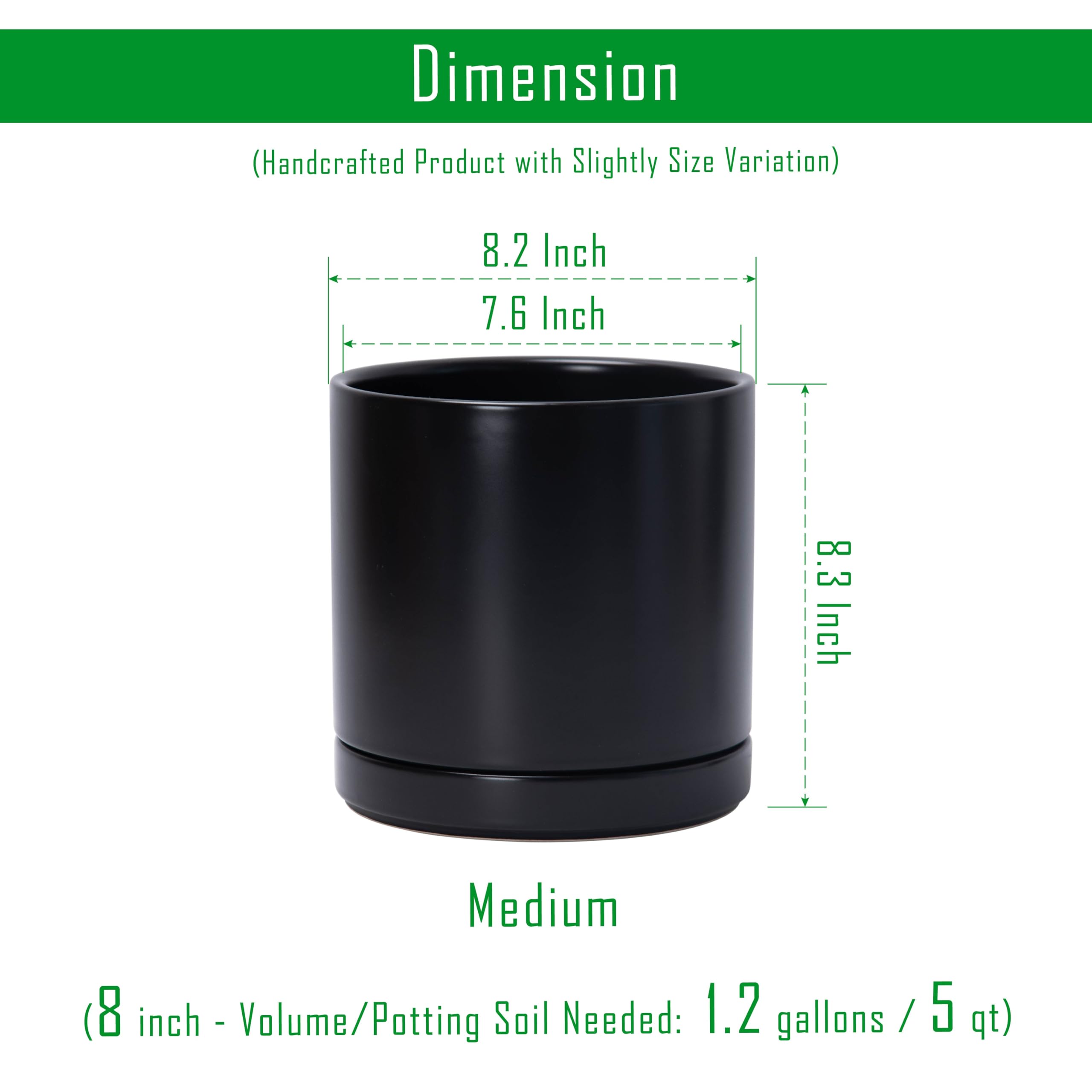 D'vine Dev 8.2 inch black ceramic planter pot with drainage hole