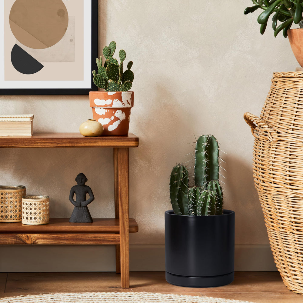 D'vine Dev 8.2 inch black ceramic planter pot with protective pad