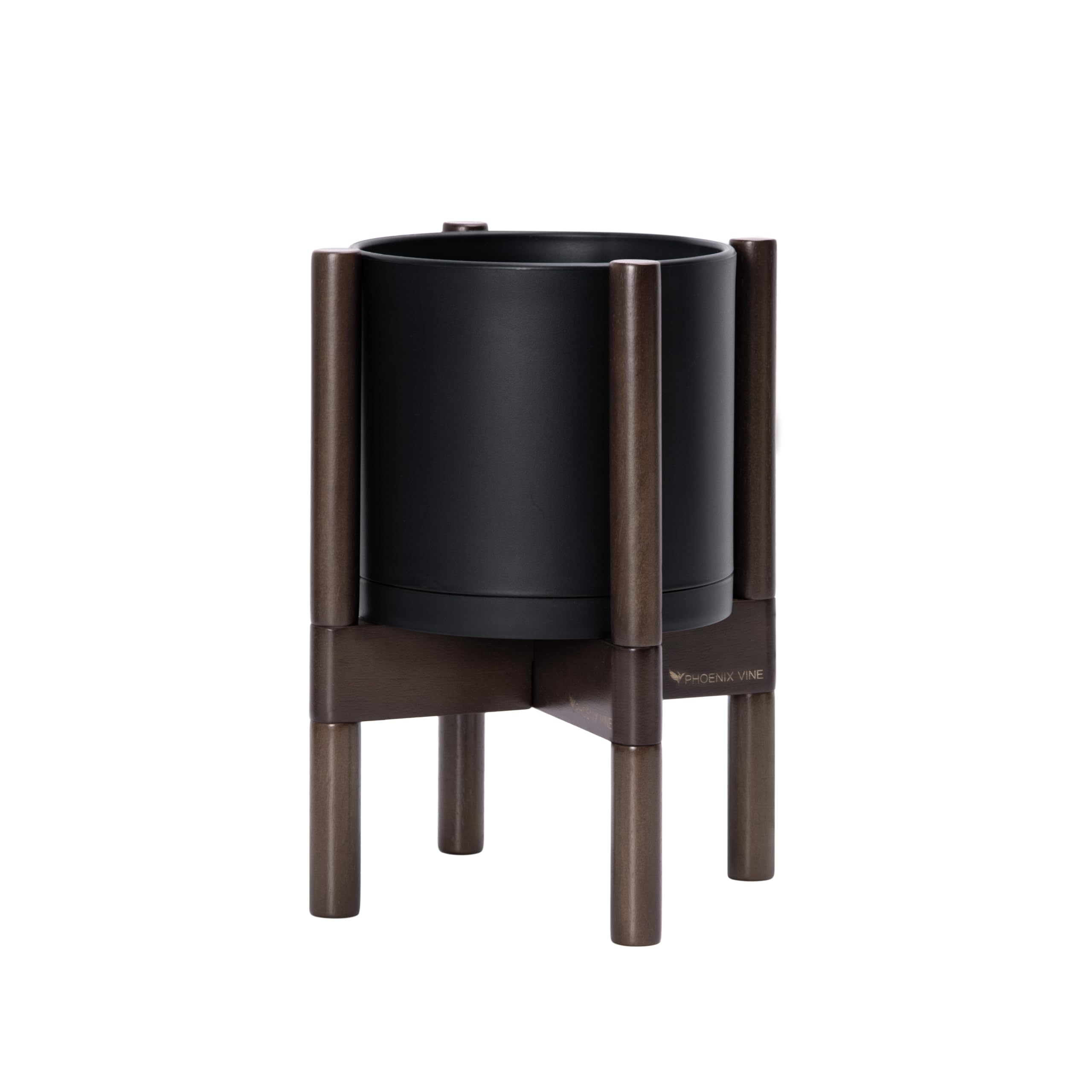 D'vine Dev plastic pot and walnut wood stand on patio