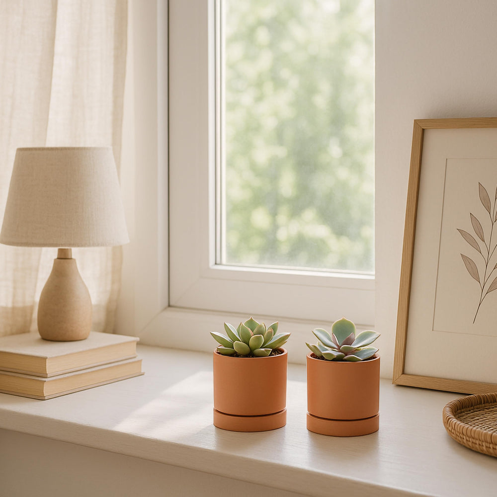 D'vine Dev terracotta plant pots displayed with indoor plants