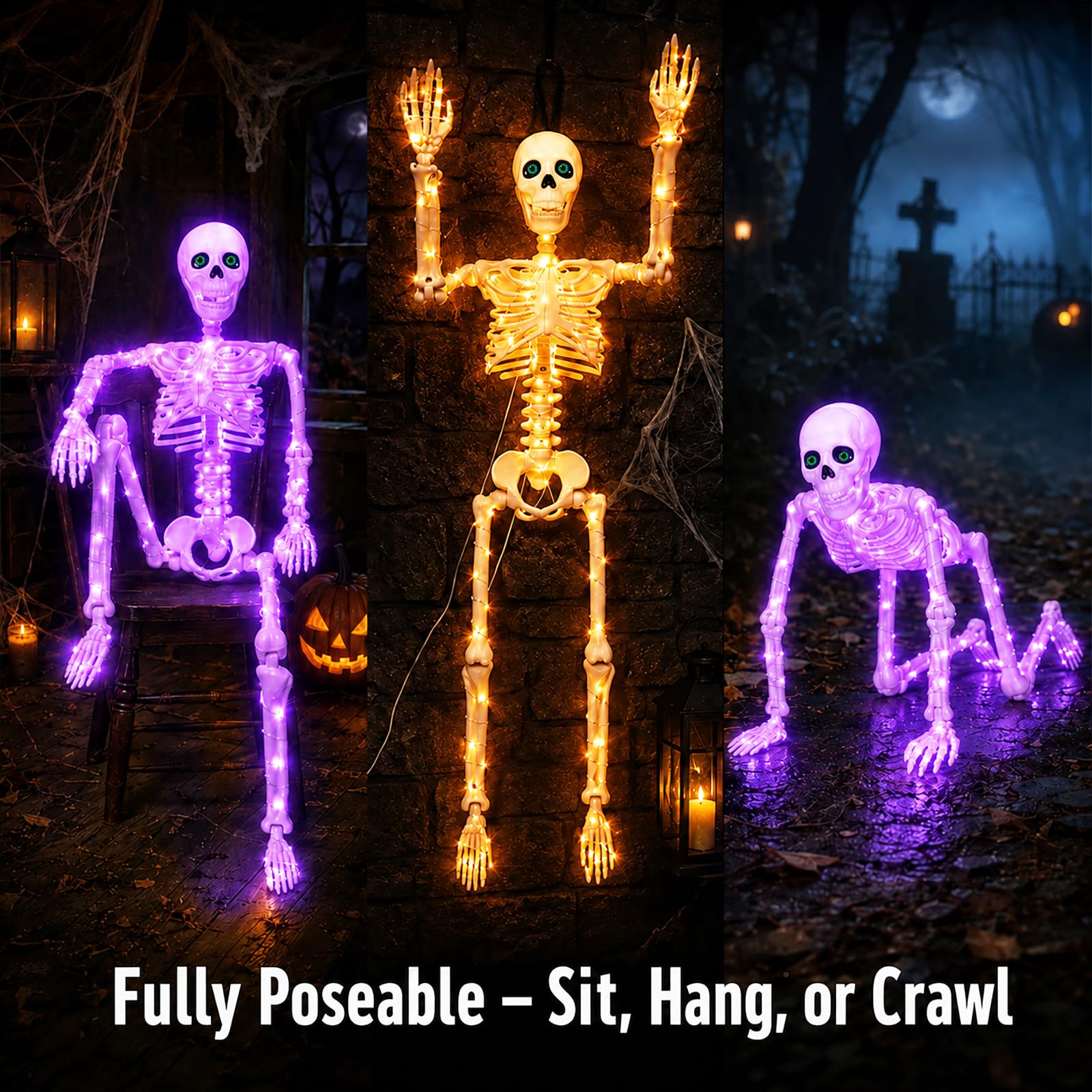 Daboot Halloween skeleton with multicoloured lights in a dark setting