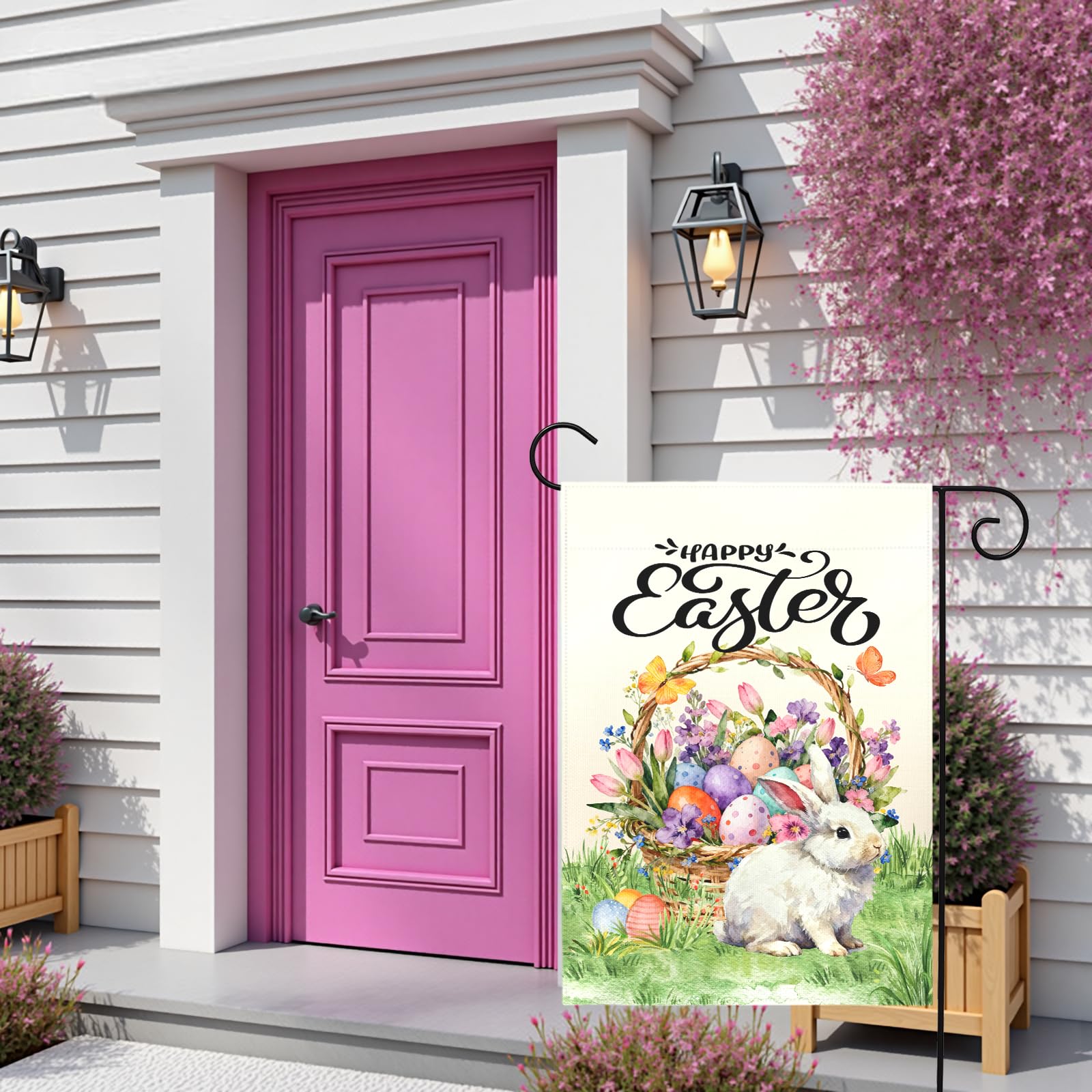 Dacawin Easter flag featuring pastel eggs and floral basket