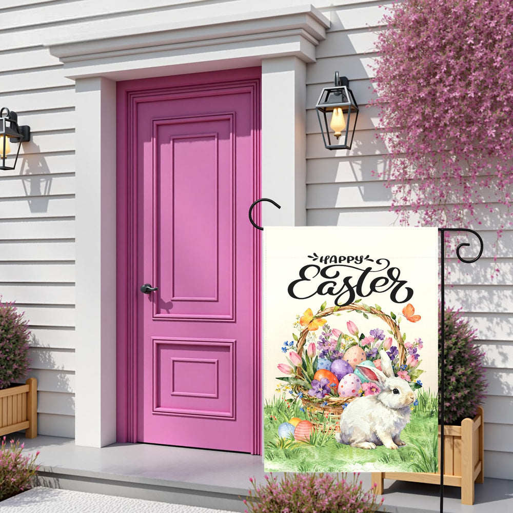 Dacawin Easter flag featuring pastel eggs and floral basket