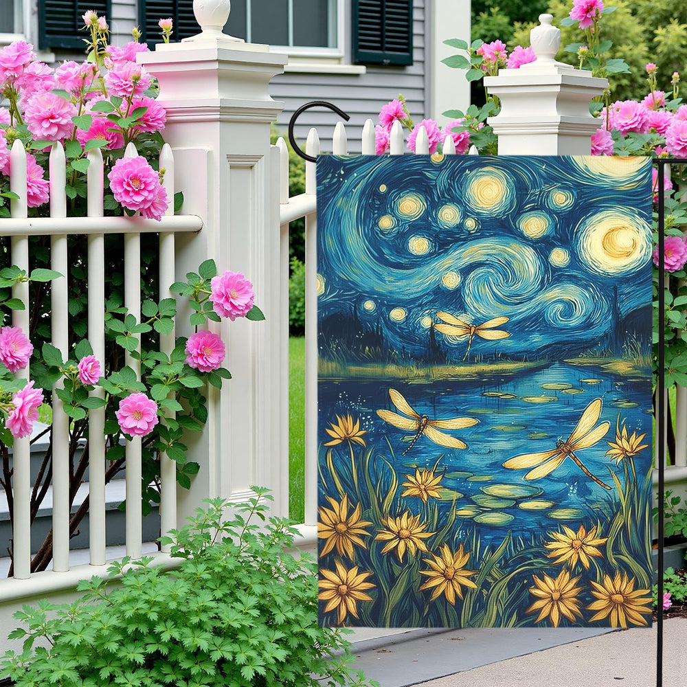 Dacawin garden flag in a garden with blooming flowers