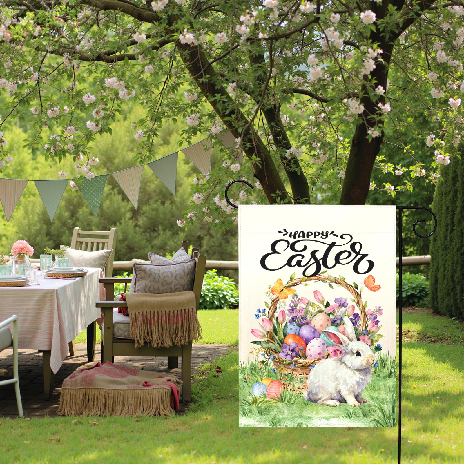 Dacawin Happy Easter Garden Flag in a patio display