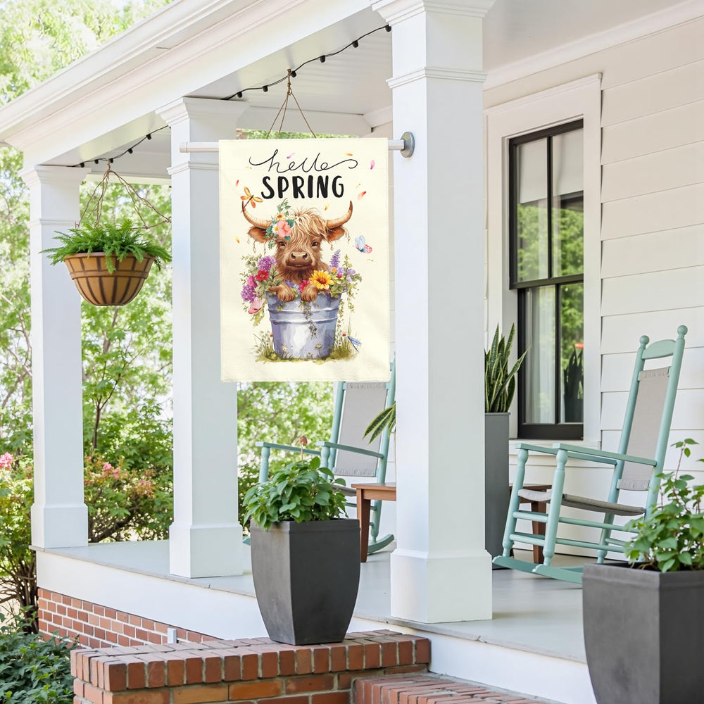 Dacawin Hello Spring Garden Flag displayed in a cheerful outdoor environment