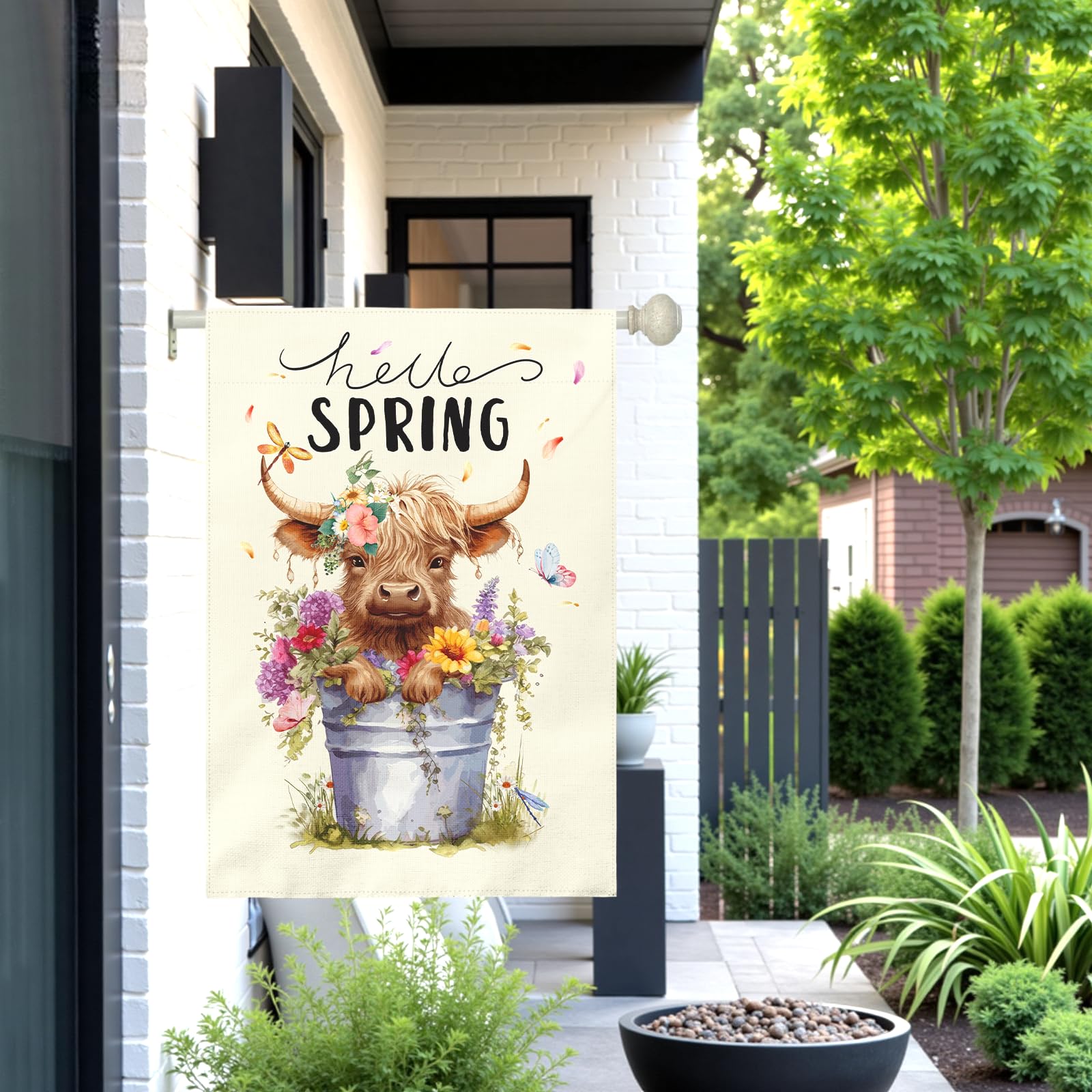 Dacawin Hello Spring Garden Flag displaying double-sided print with floral accents