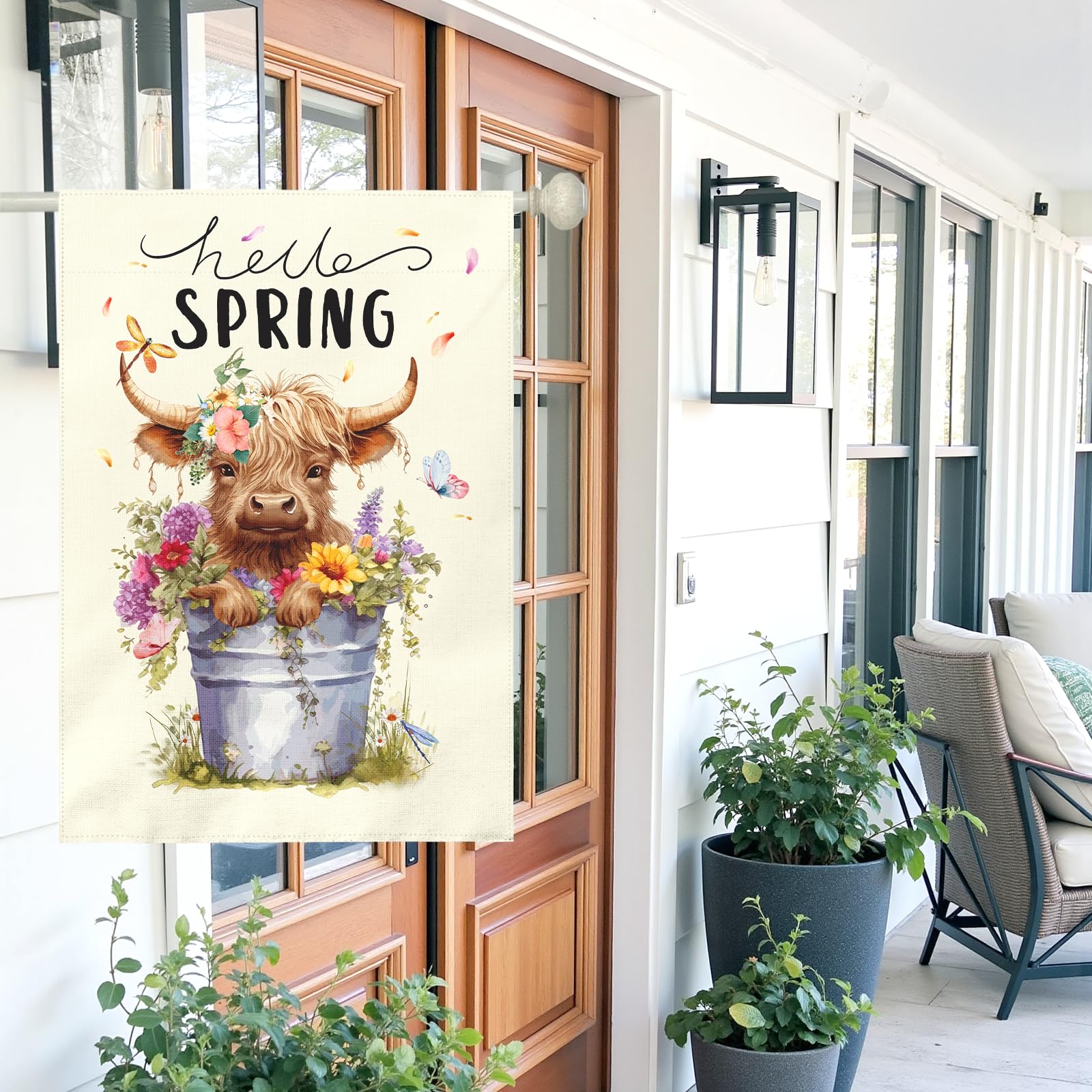 Dacawin Hello Spring Garden Flag with flowers and highland cow design