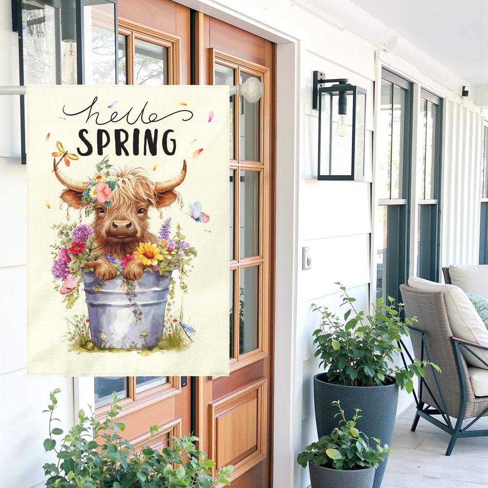 Dacawin Hello Spring Garden Flag with flowers and highland cow design