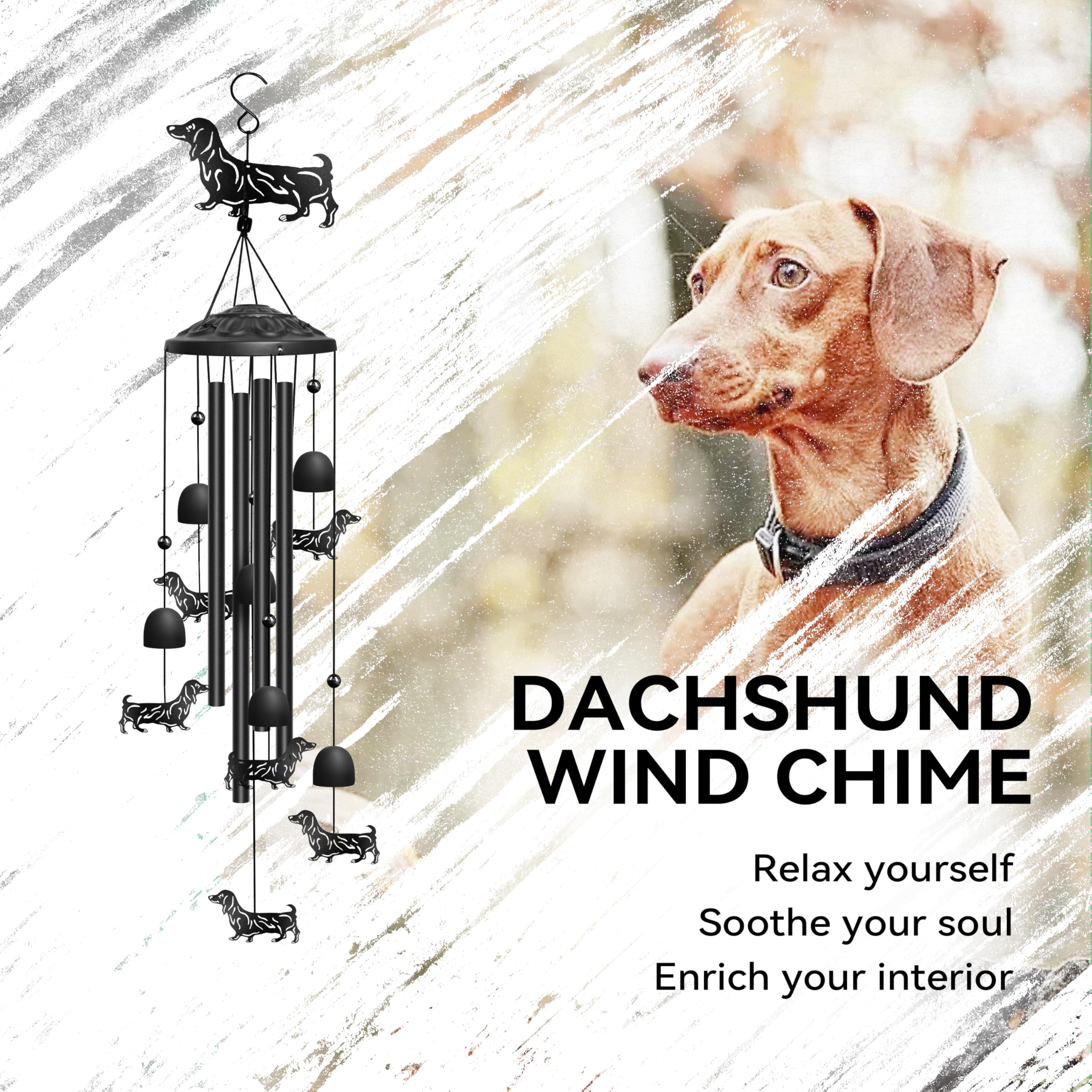 Dachshund wind chime displayed in a decorative box
