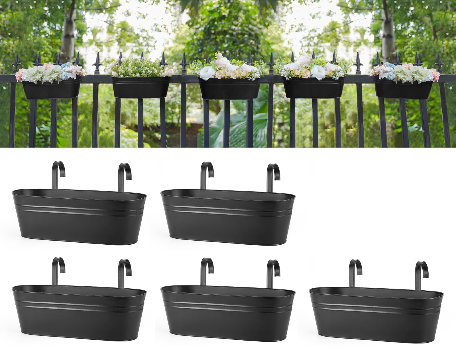 Dahey 15-inch black metal railing planter box front view