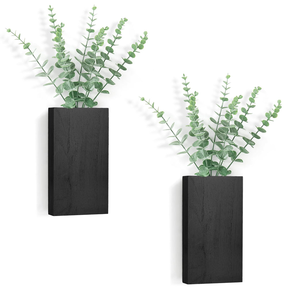 Dahey wall planter vase set with fake eucalyptus, black wood, front view
