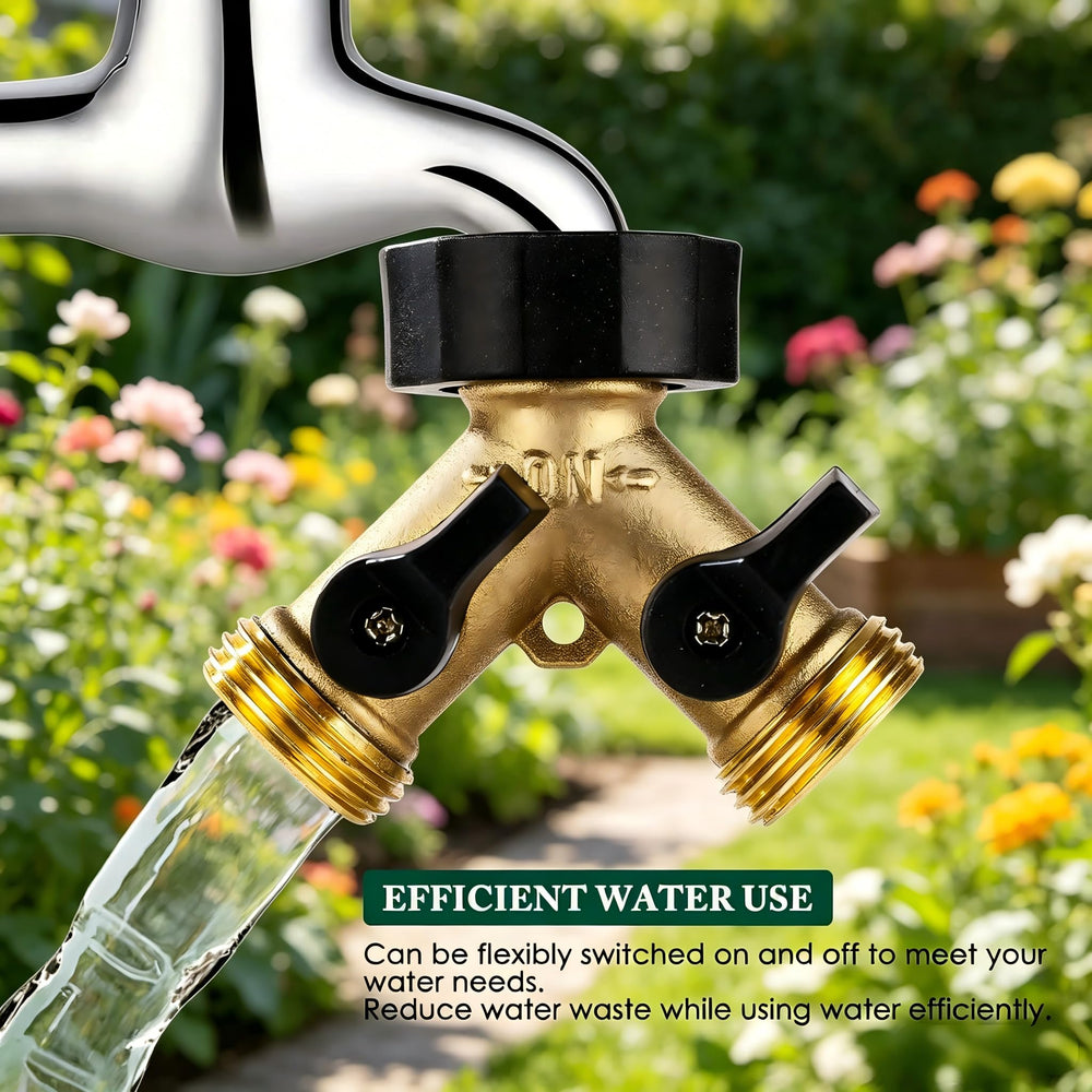Dalmbox Brass Hose Splitter displayed with watering can