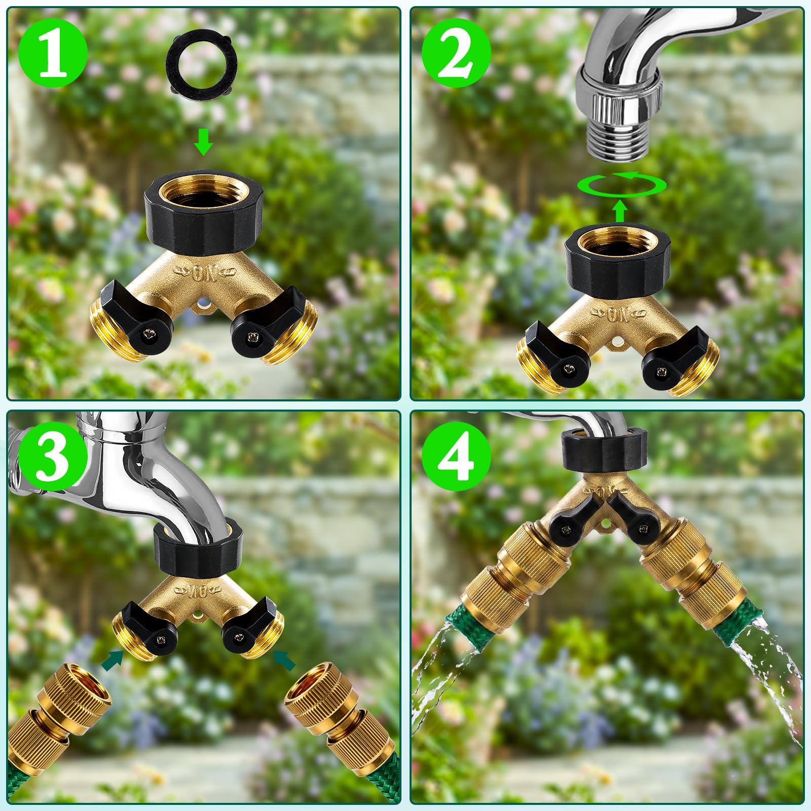 Dalmbox Brass Hose Splitter in a garden setting