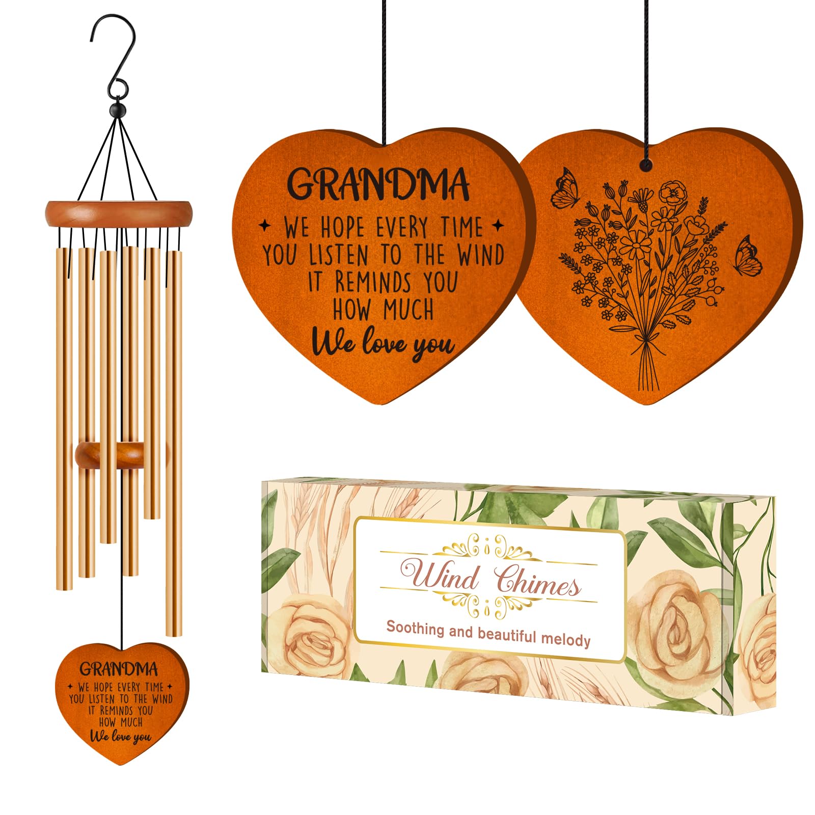 Damaigiift Grandma Gift Wind Chimes front view with heart-shaped pendant