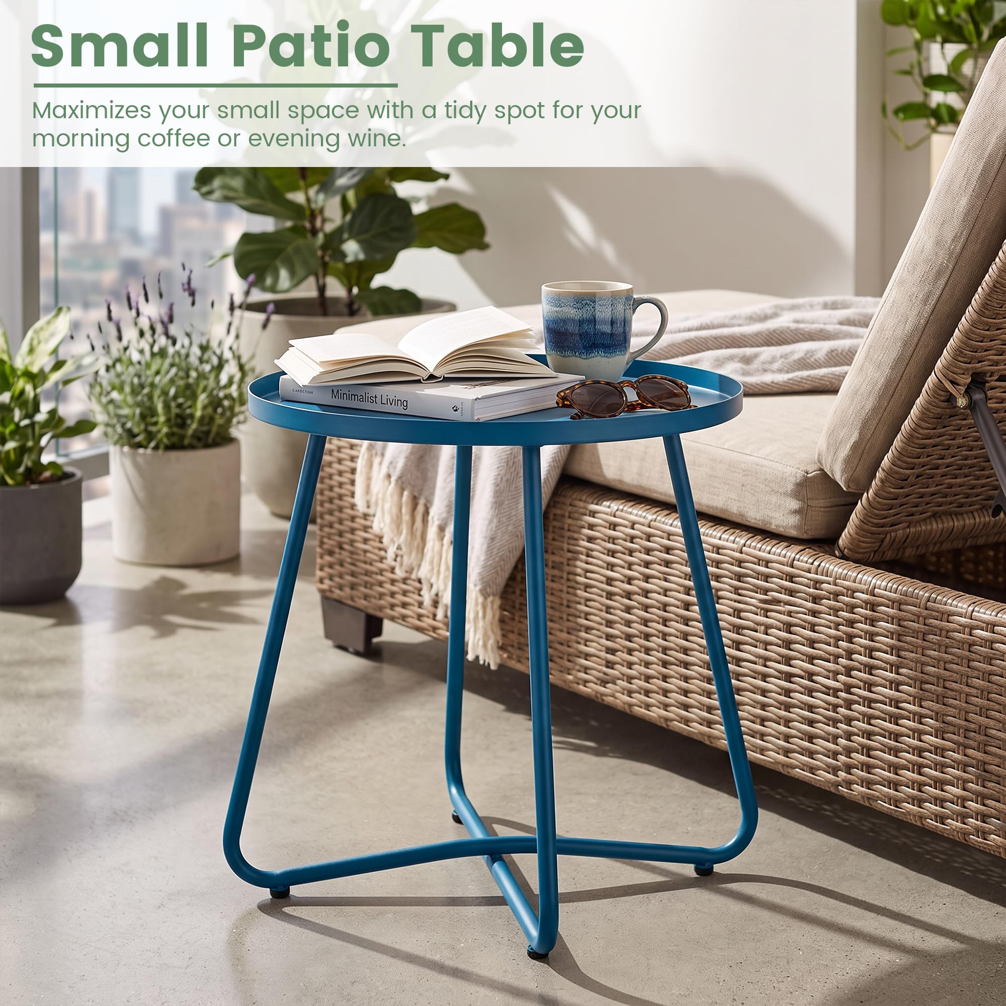 danpinera outdoor side table blue with a cup and book