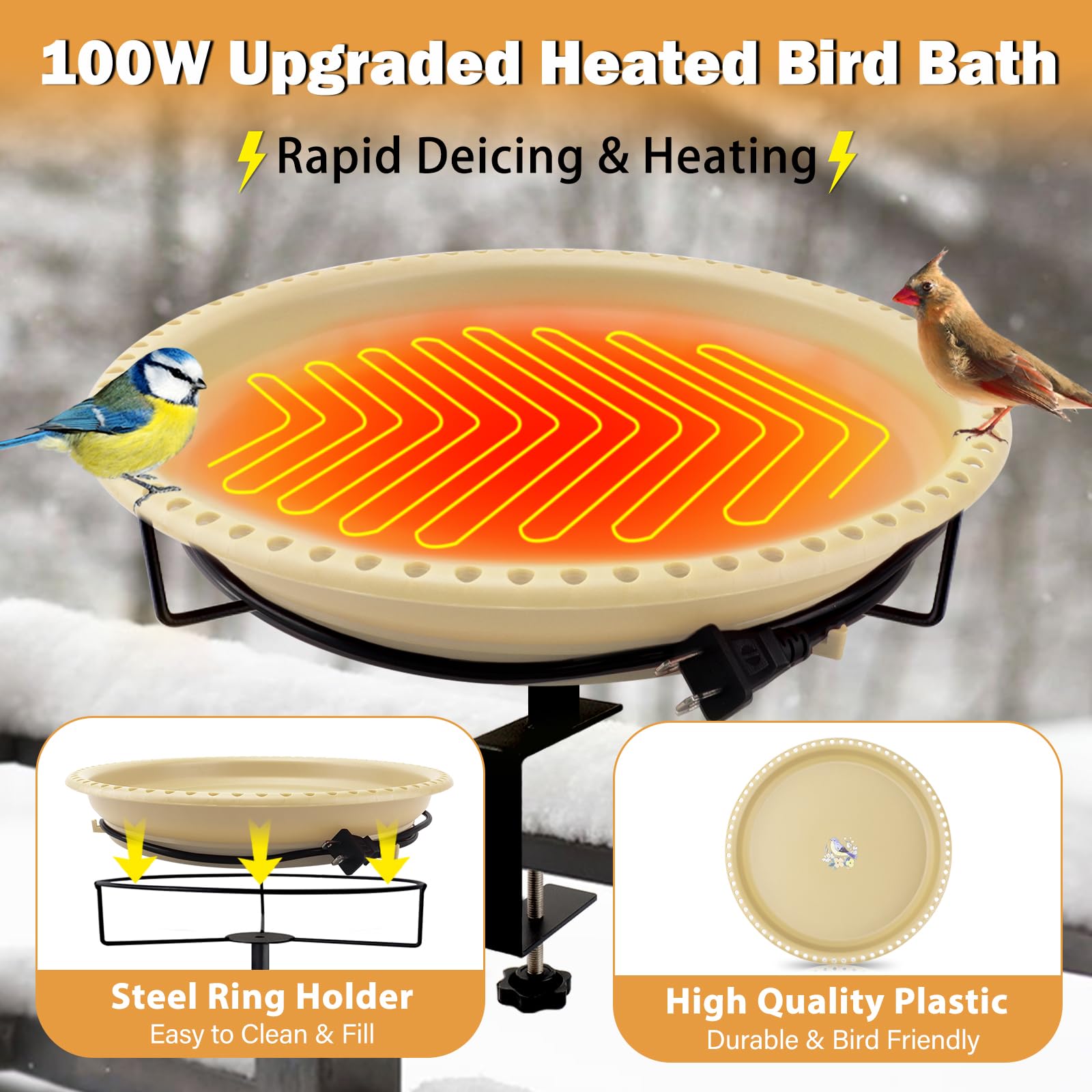 Daoeny Heated Bird Bath Khaki installed on deck railing