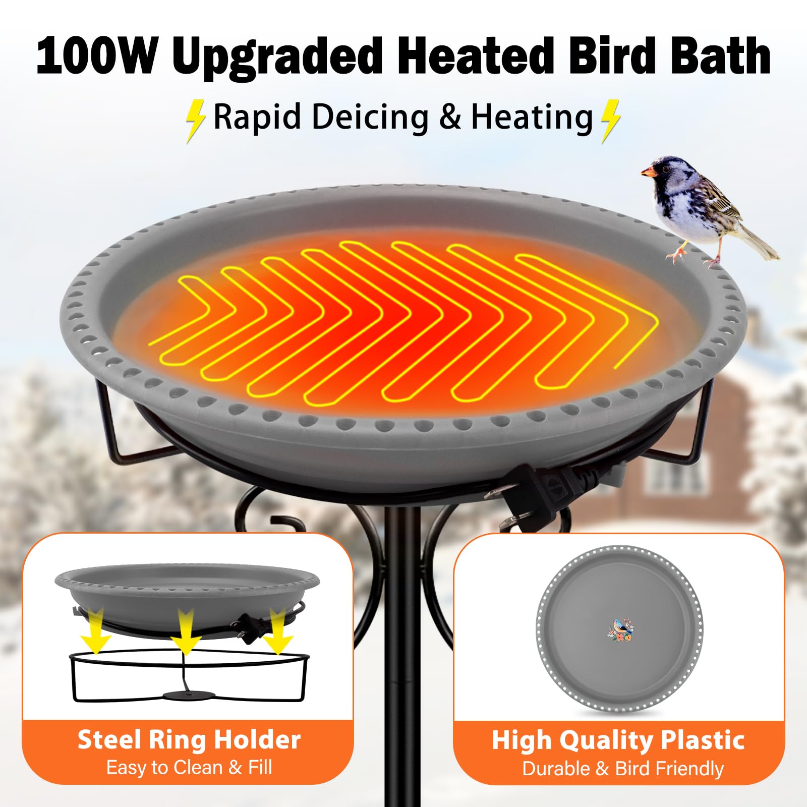 Daoeny Heated Bird Bath showing 5-pronged metal base