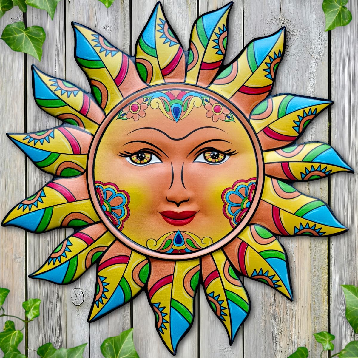 Daogtc Metal Sun Wall Decor front view with sunflower petal flames