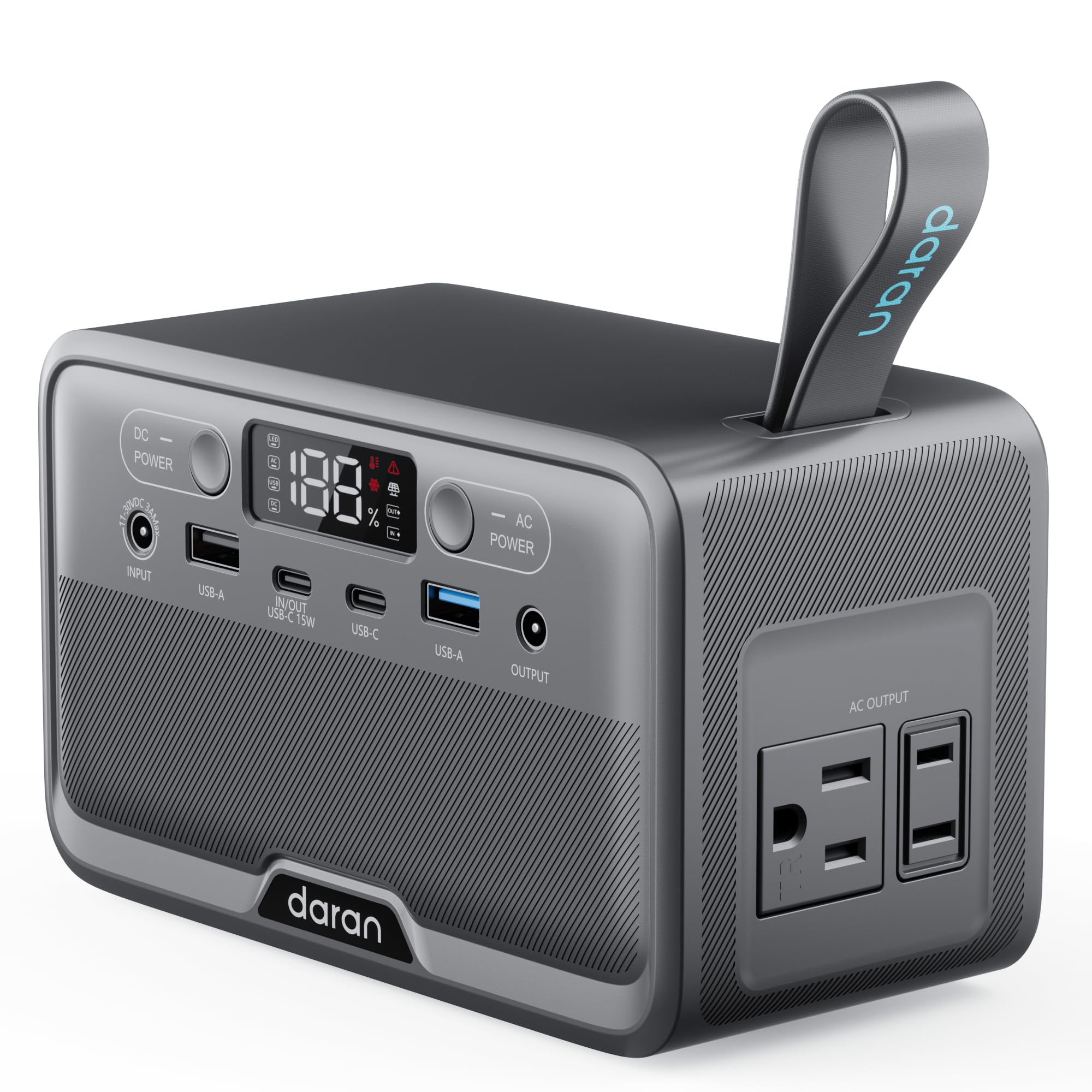 Daran Portable Power Station front view with AC outlet