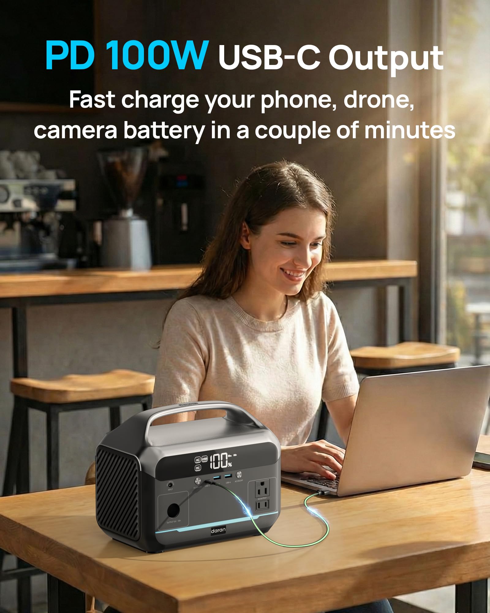 DaranEner Portable Power Station 600W back view with LED light