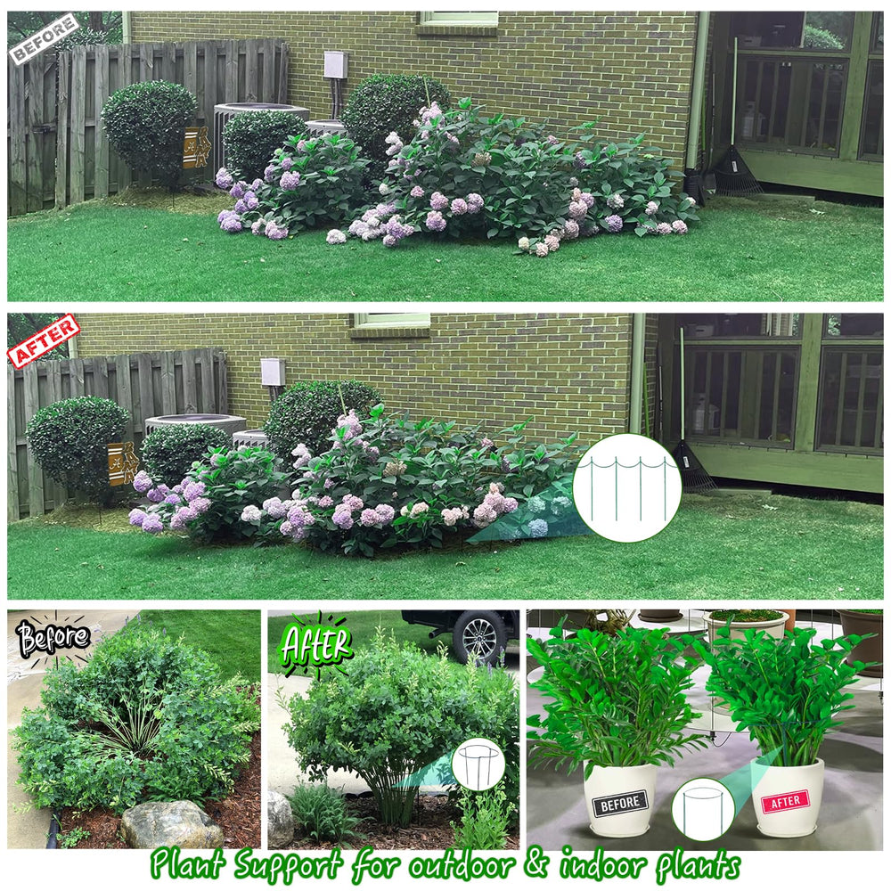 Dark green plant support stakes in use with various plants