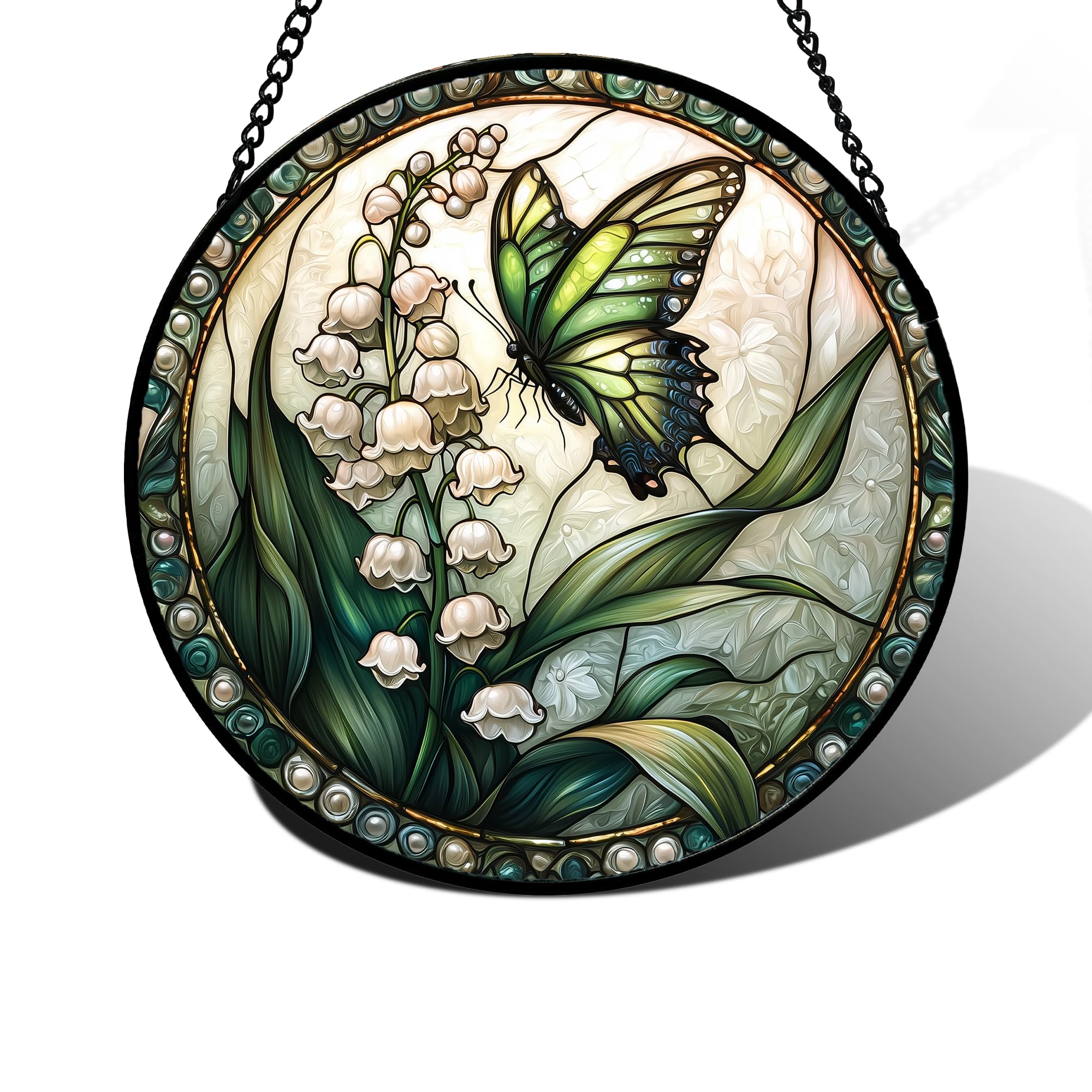 DASTOLL 7.8-inch Butterfly Lily of the Valley stained glass front view