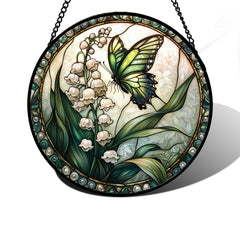 DASTOLL 7.8-inch Butterfly Lily of the Valley stained glass front view