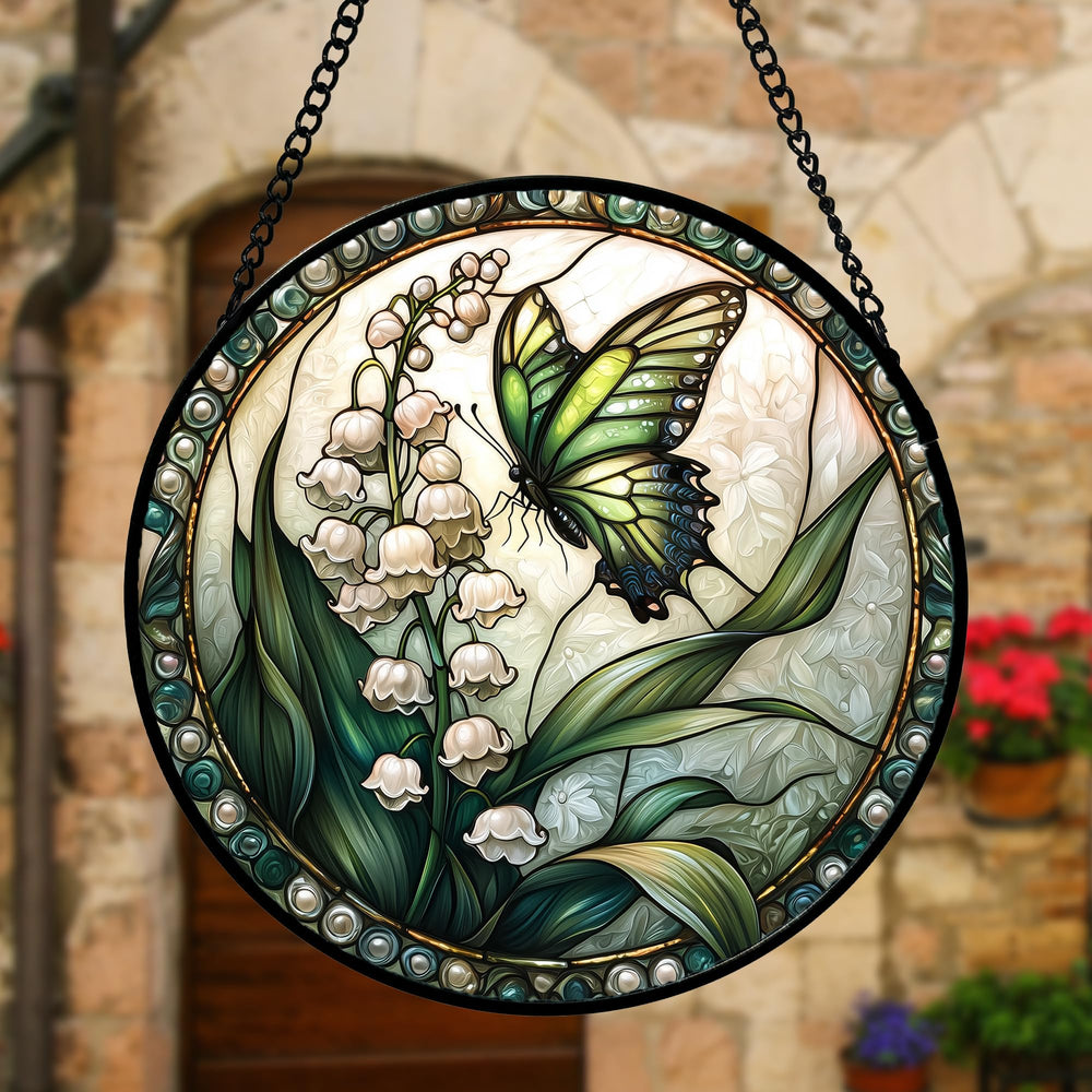 DASTOLL Butterfly Lily Stained Glass Suncatcher on a porch