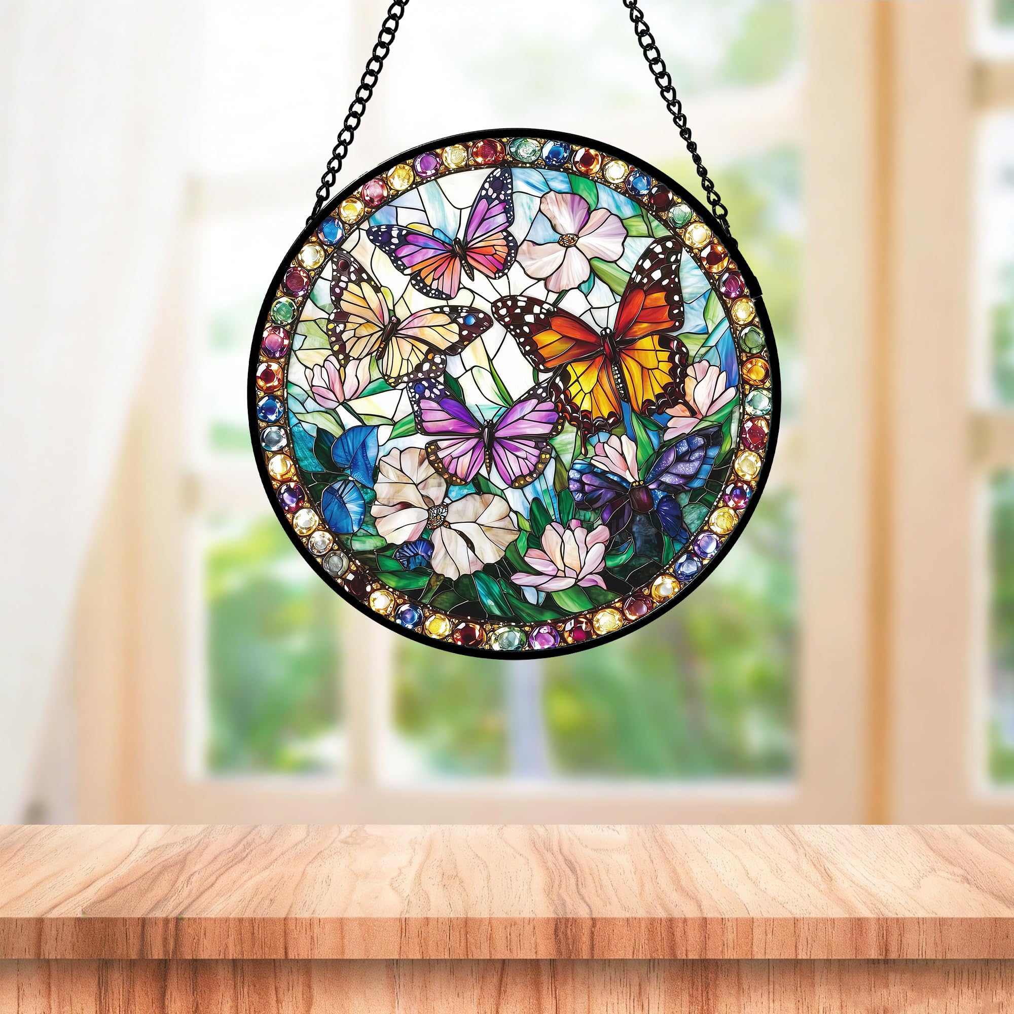 DASTOLL Butterfly Stained Glass Suncatcher in natural light