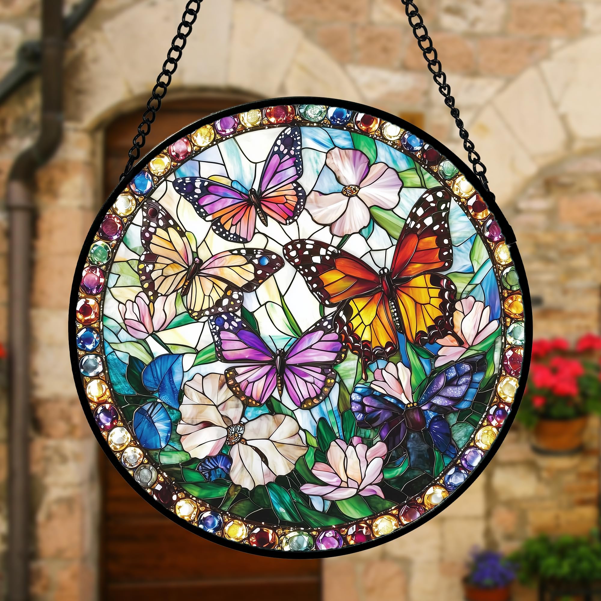 DASTOLL Butterfly Stained Glass Suncatcher with metal chain