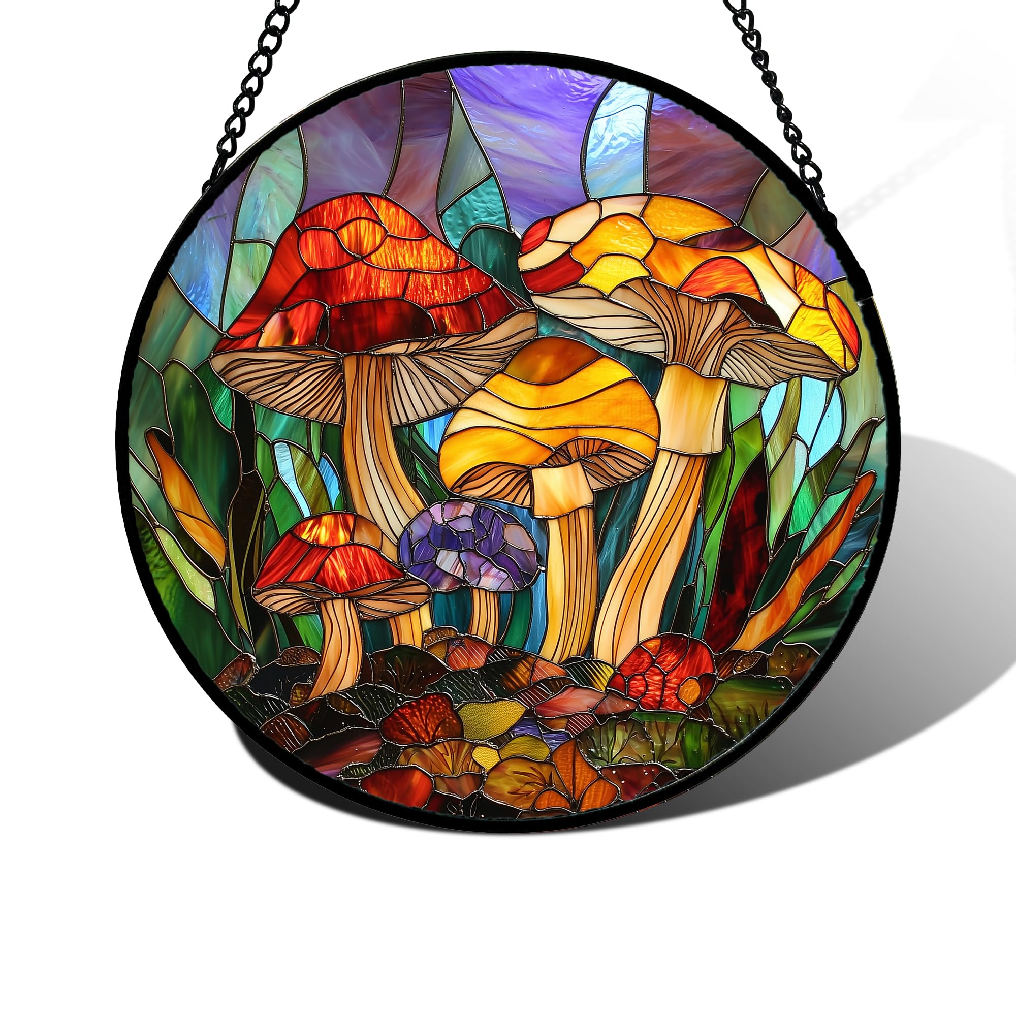 DASTOLL Colorful Mushroom Forest Stained Glass Suncatcher front view