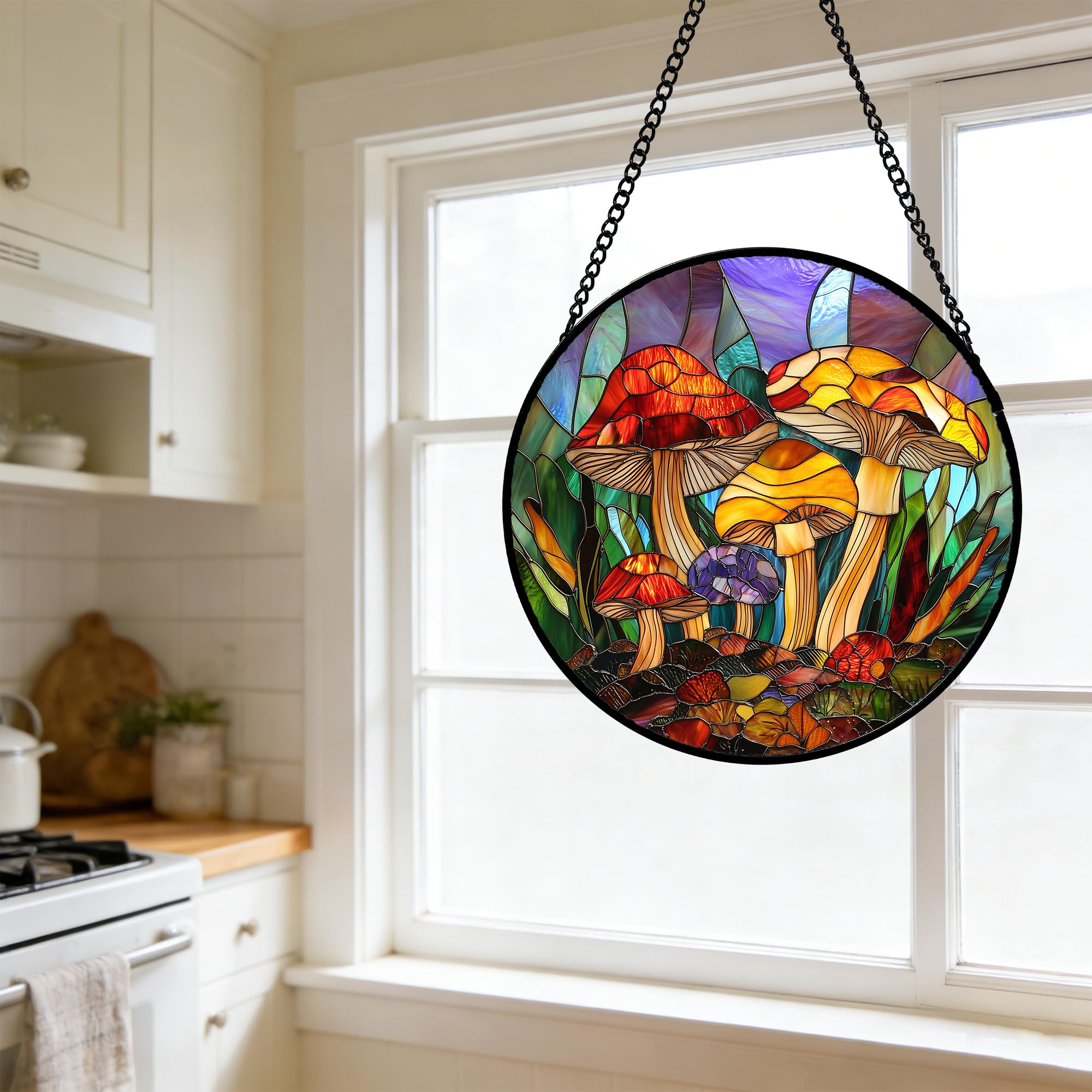 DASTOLL Colorful Mushroom Forest Suncatcher with metal chain