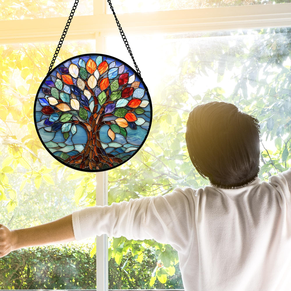 DASTOLL Colorful Tree of Life Stained Glass Suncatcher hanging with chain
