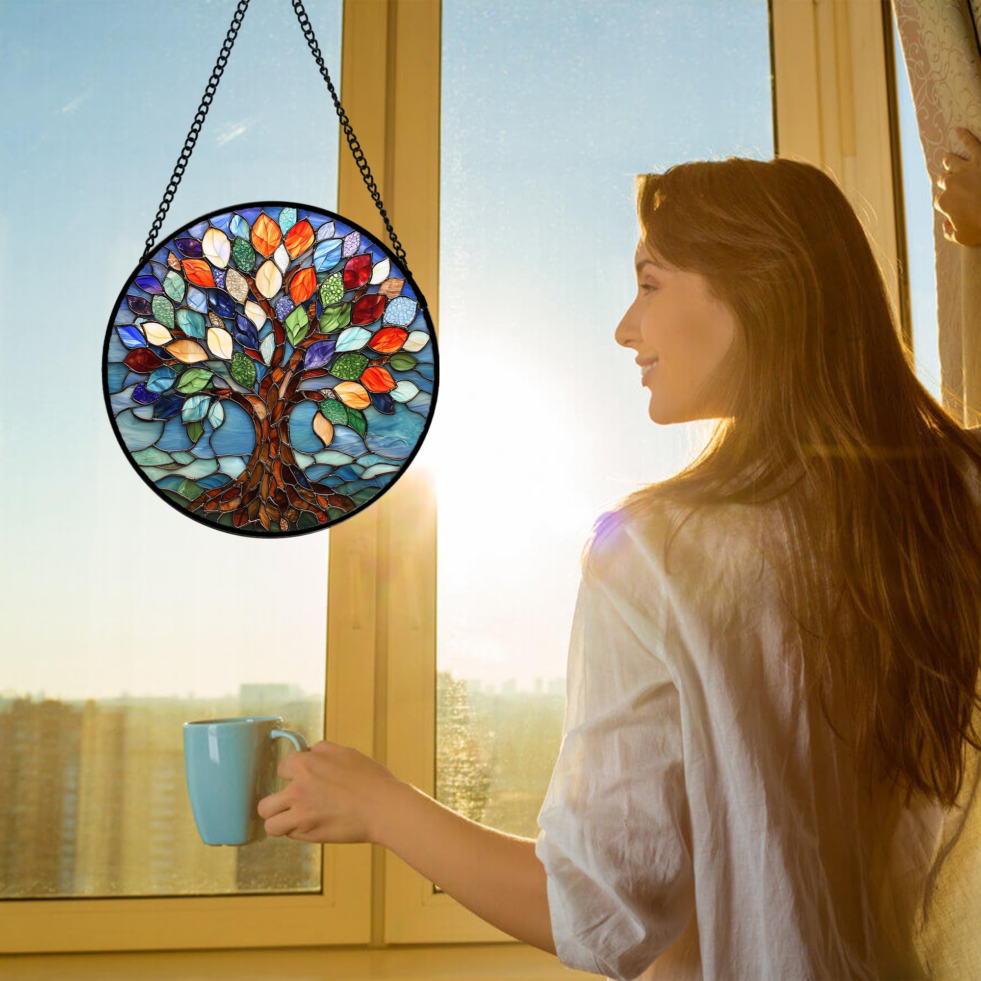 DASTOLL Colorful Tree of Life Stained Glass Suncatcher side view