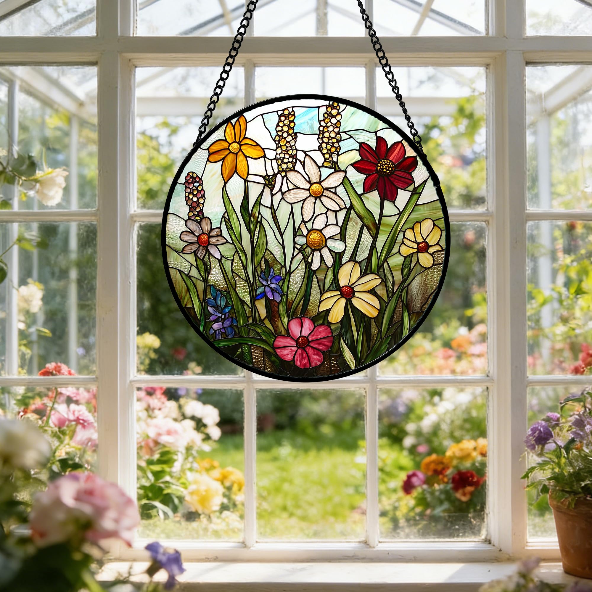 DASTOLL Colorful Wildflowers Stained Glass Suncatcher displayed in window