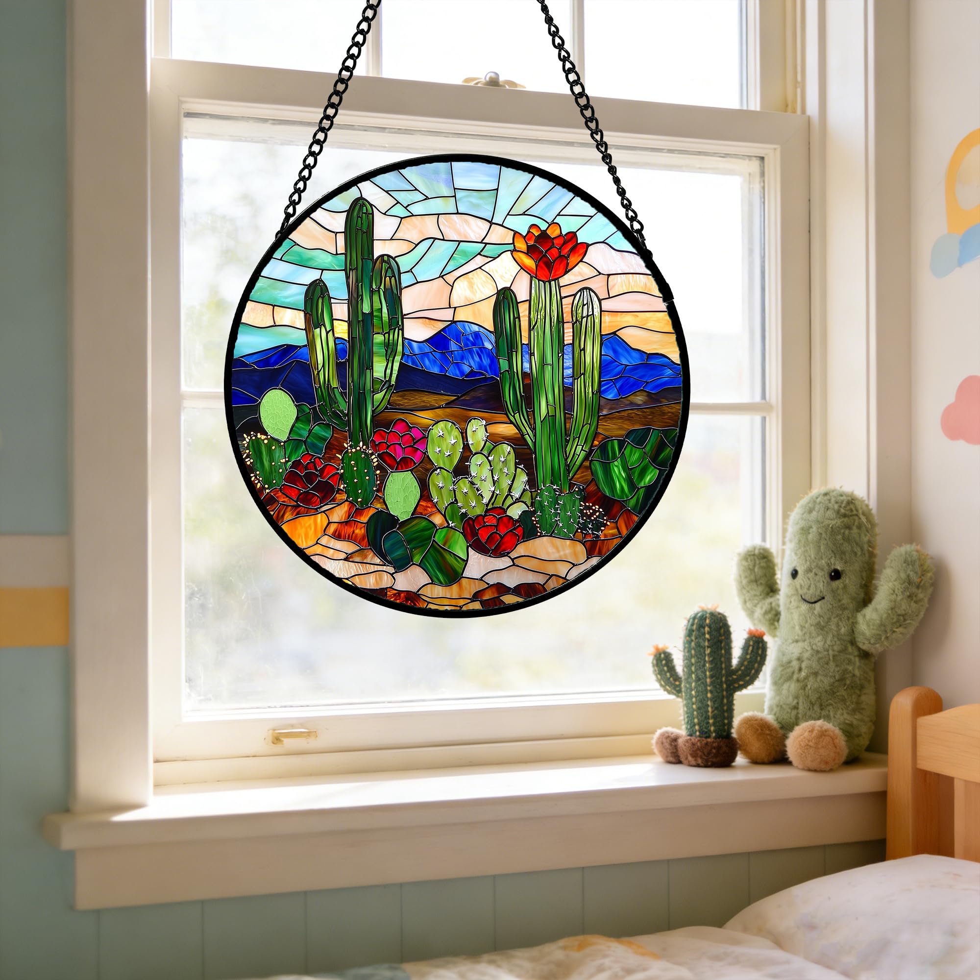 DASTOLL Green Cactus Stained Glass Suncatcher displayed on a porch
