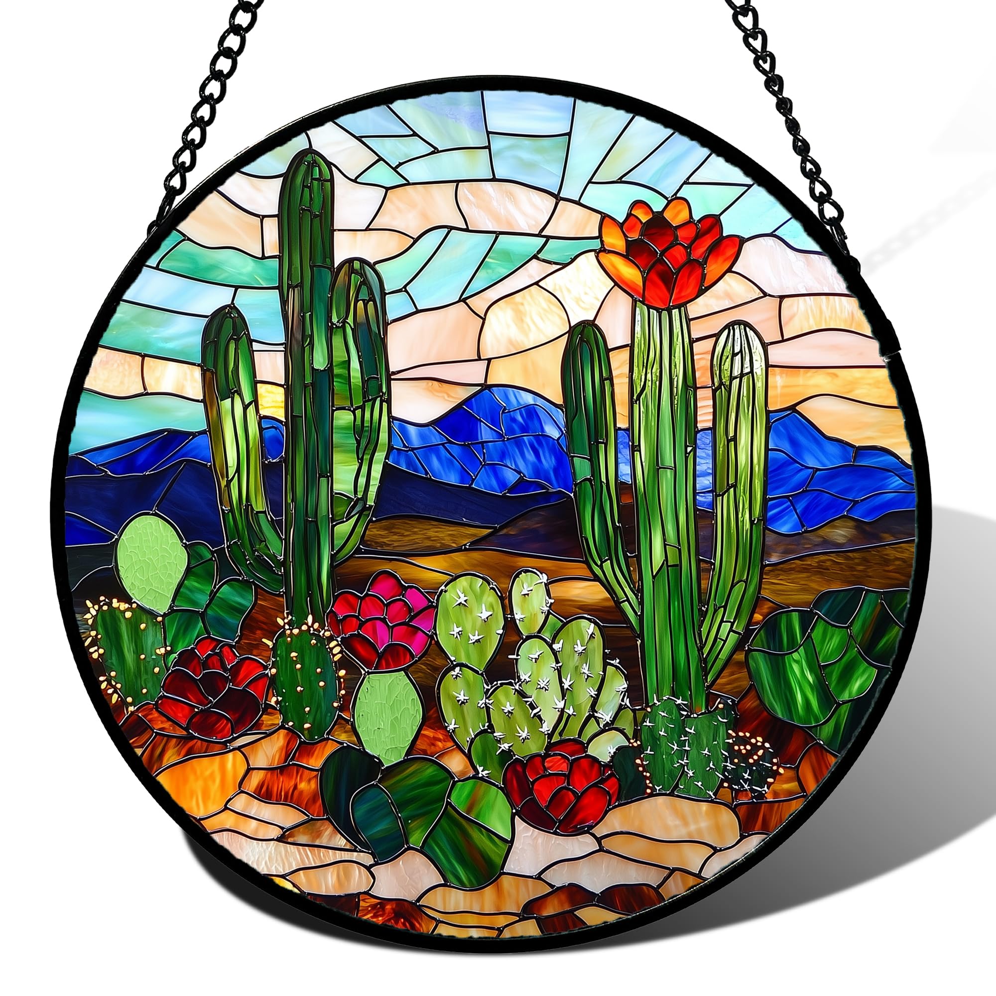 DASTOLL Green Cactus Stained Glass Suncatcher front view