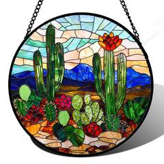 DASTOLL Green Cactus Stained Glass Suncatcher front view