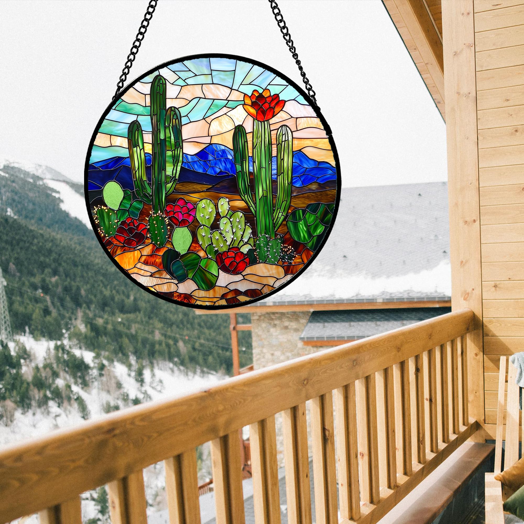 DASTOLL Green Cactus Stained Glass Suncatcher hanging in a window
