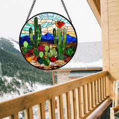 DASTOLL Green Cactus Stained Glass Suncatcher hanging in a window