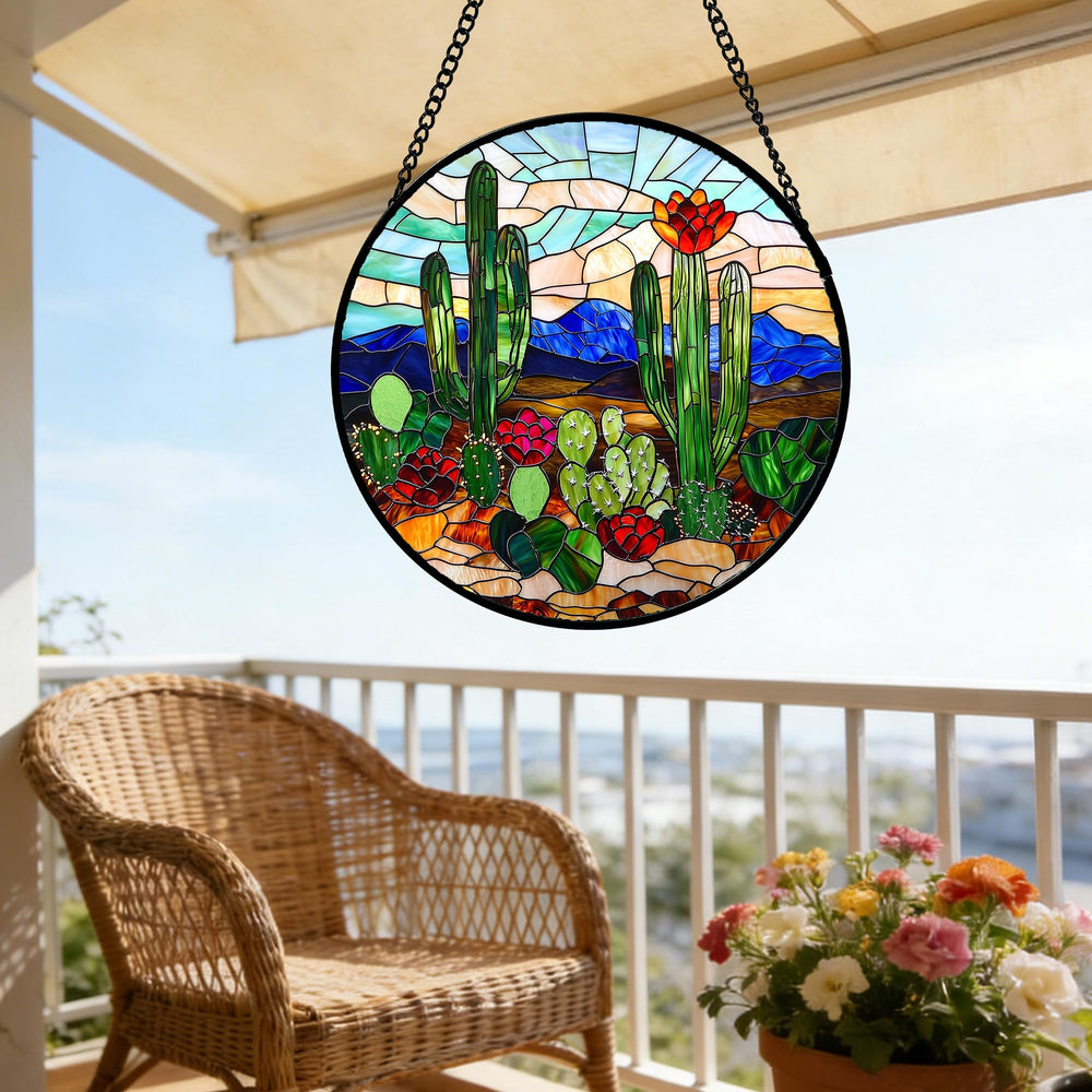 DASTOLL Green Cactus Stained Glass Suncatcher with hook and cord