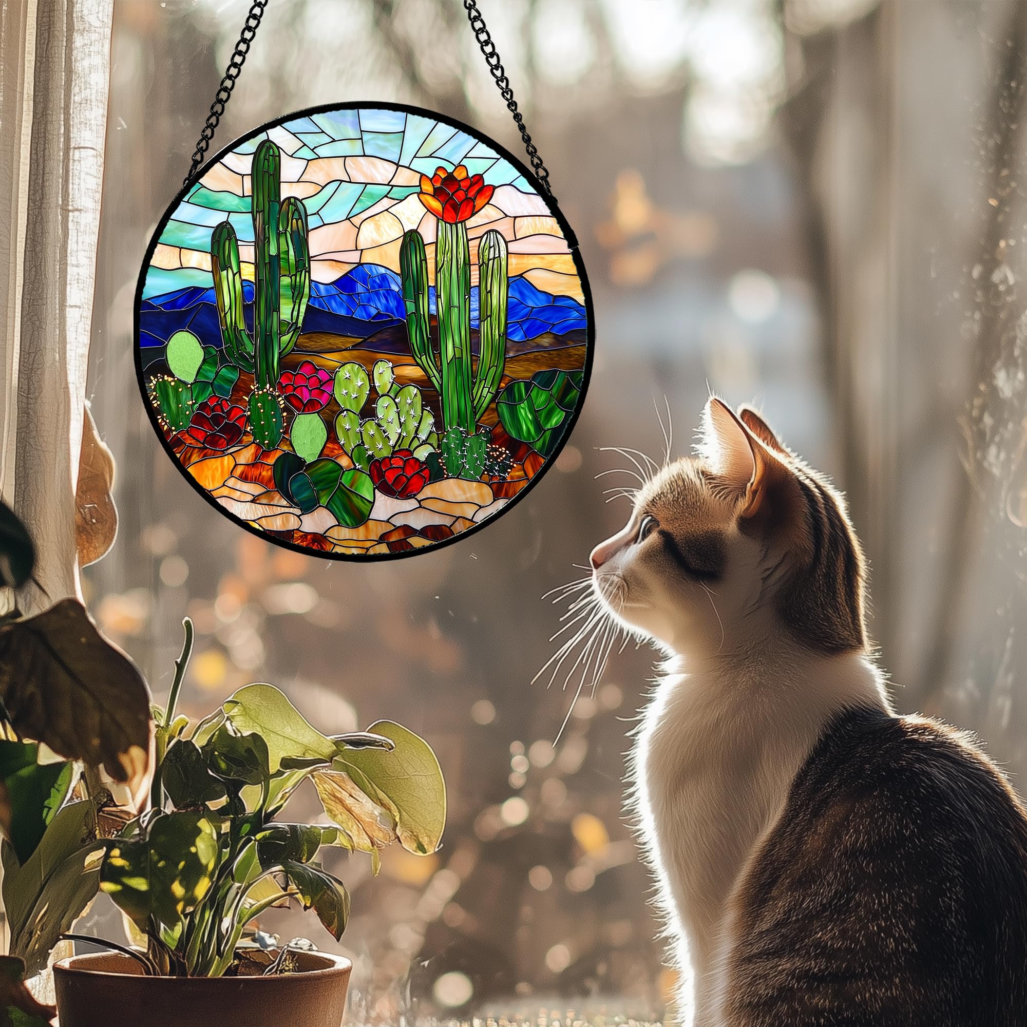 DASTOLL Green Cactus Stained Glass Suncatcher with metal chain