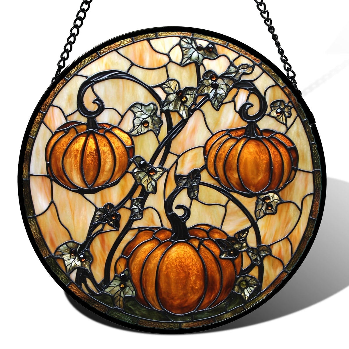 DASTOLL Halloween Orange Pumpkin Stained Glass Window Hanging front view