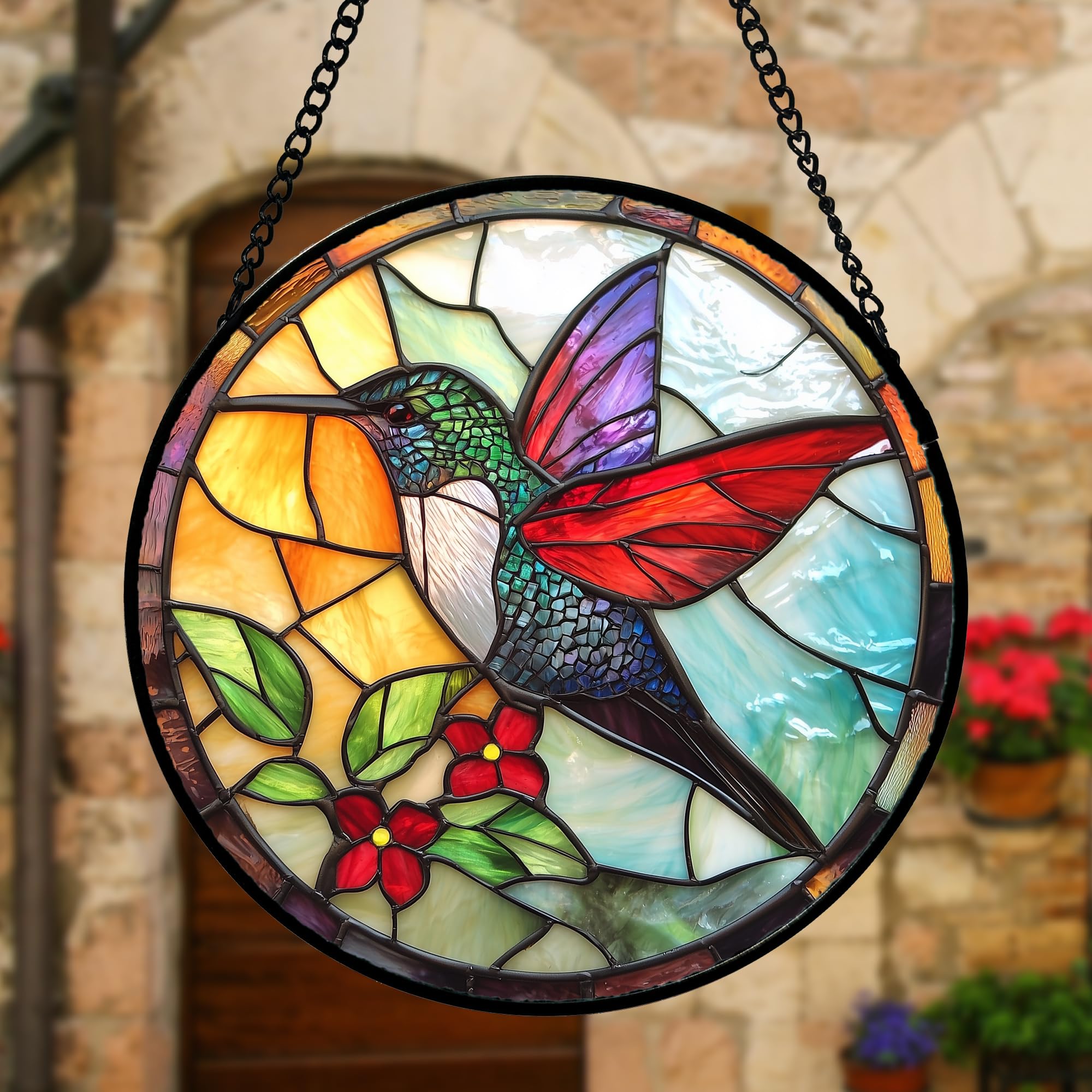 DASTOLL Hummingbird Stained Glass Suncatcher close-up of vibrant colours